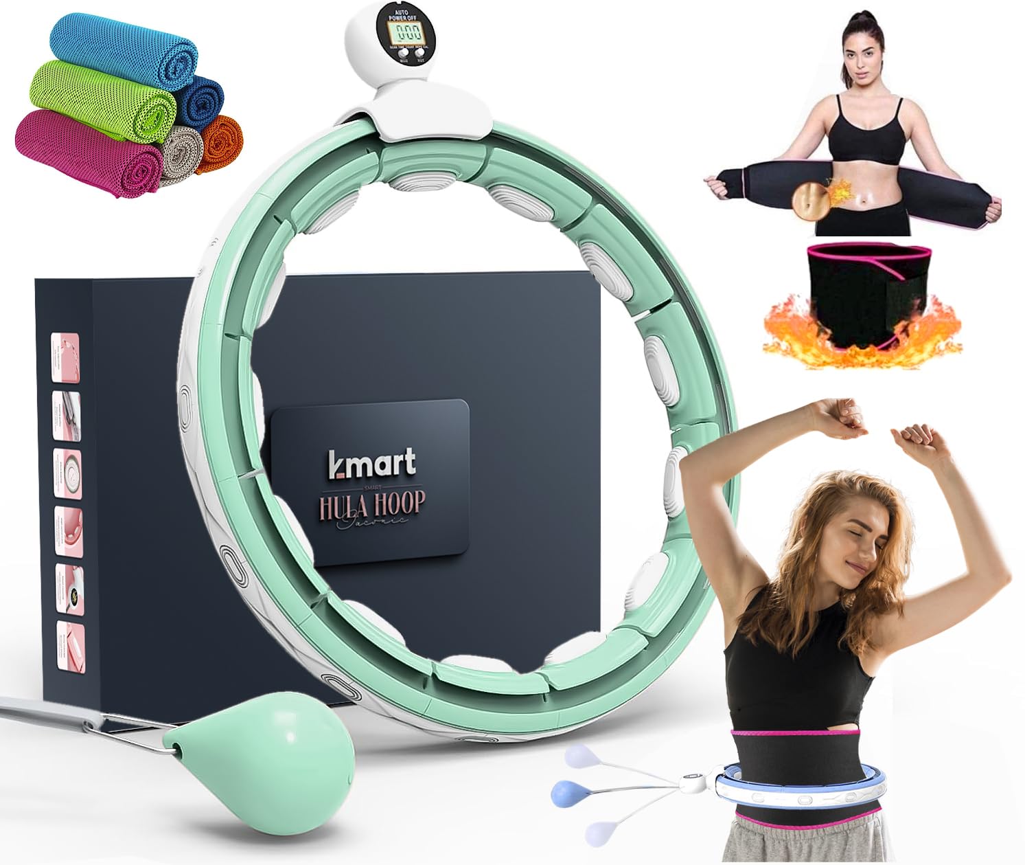 K-Mart Hula Hoop with Weight Ball, 16 Link with 360 Degree Auto-Spinning Ball Massage & Cooling Towel for Adult Fitness, Gymnastics for Men & Women