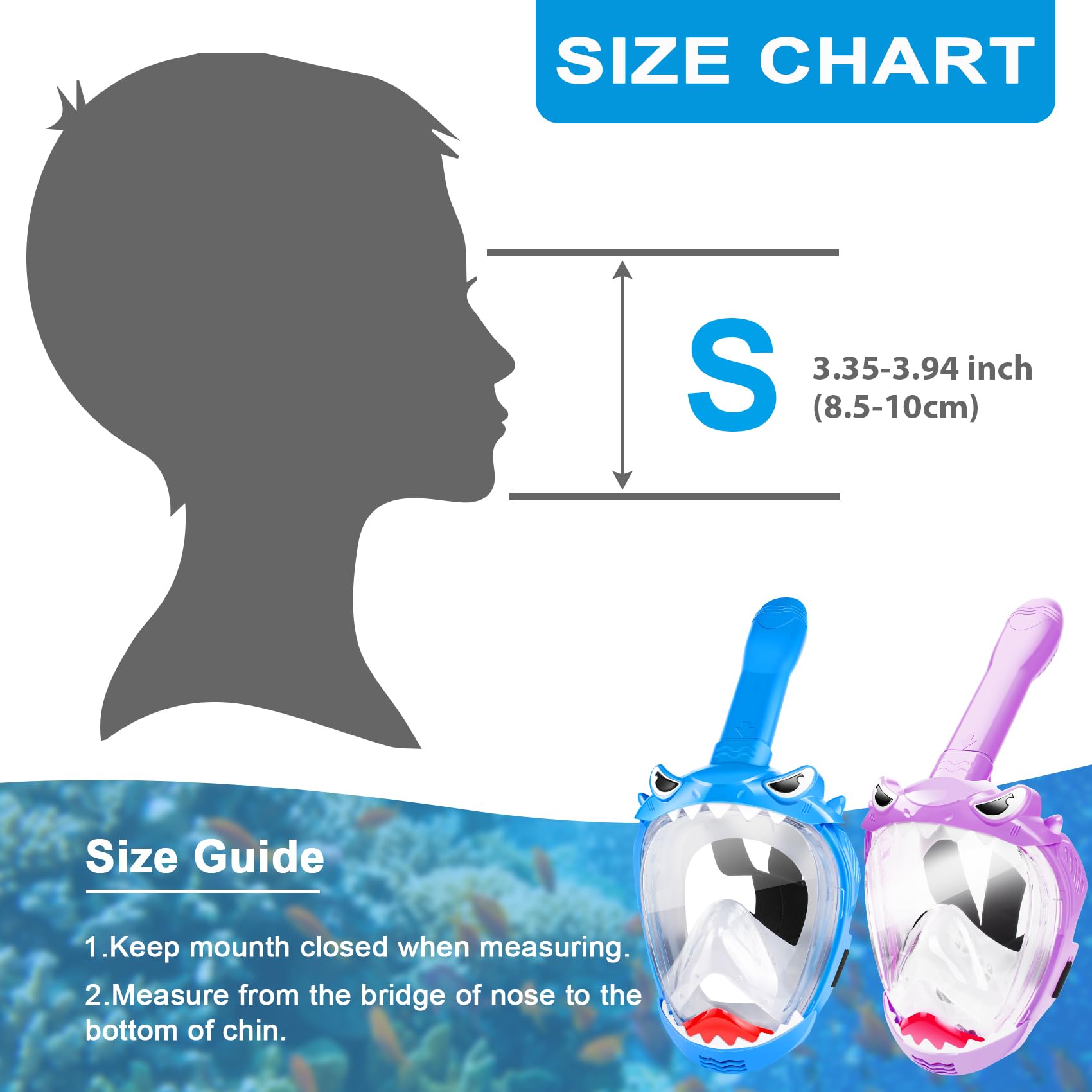 Set da snorkeling per bambini, maschera da snorkeling integrale per bambini con vista panoramica a 180°, set da snorkeling per bambini con design pieghevole, anti-perdita e anti-appannamento per
