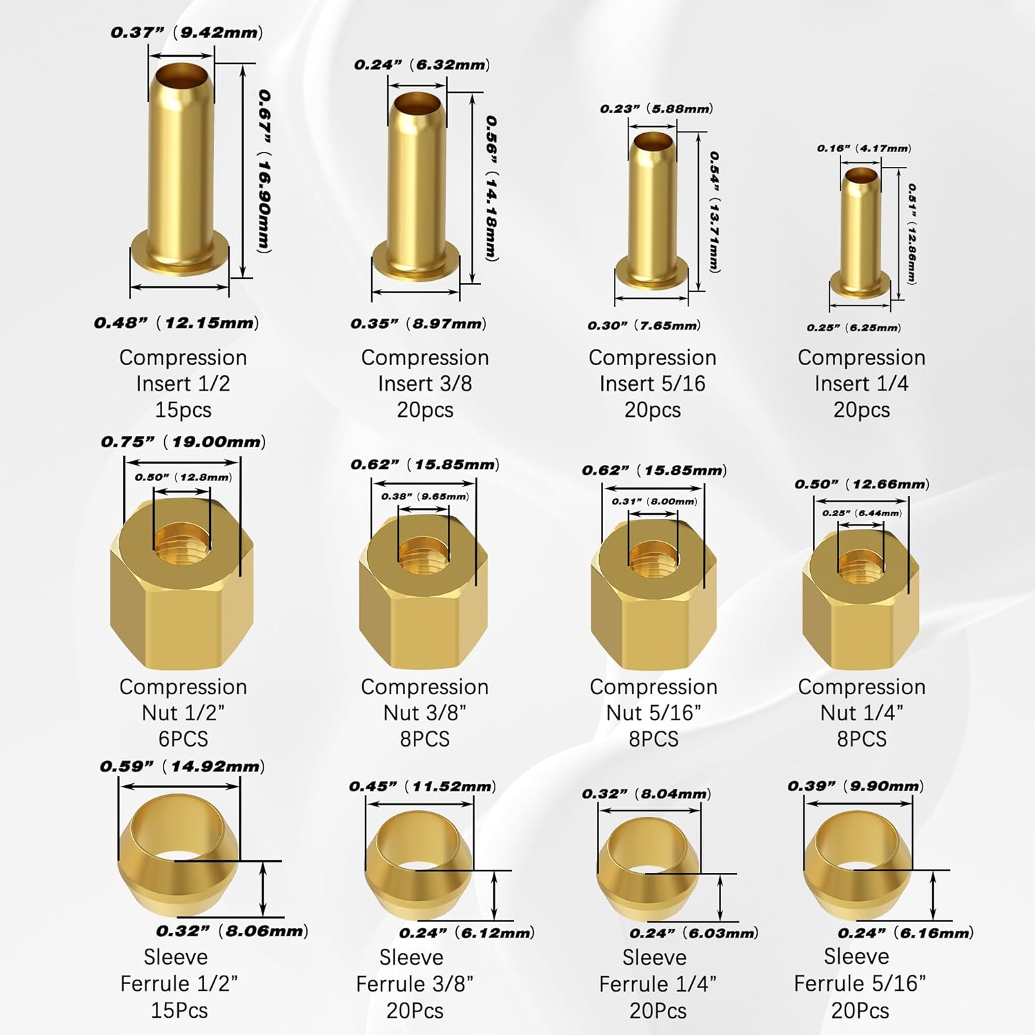 180PCS Compression Fittings Assortment kit - 4 sizes (1/4", 3/8", 5/16", 1/2") of Brass Compression Sleeve Ferrule, Insert and nuts - used to connect lines for air,water,fuel,oil and inert gases