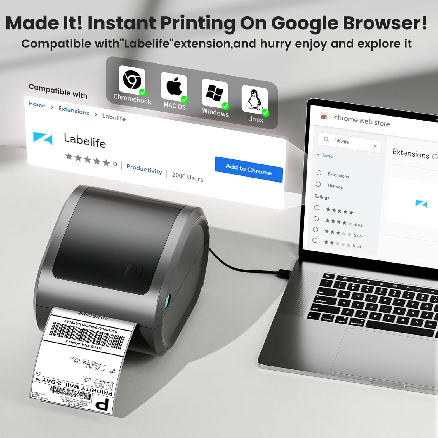ASprink Bluetooth Shipping Label Printer - Thermal Label Printer for Small Business, 4X6 Wireless Label Printer for Shipping Packages, Compatible with Amazon, USPS, Shopify, Ebay