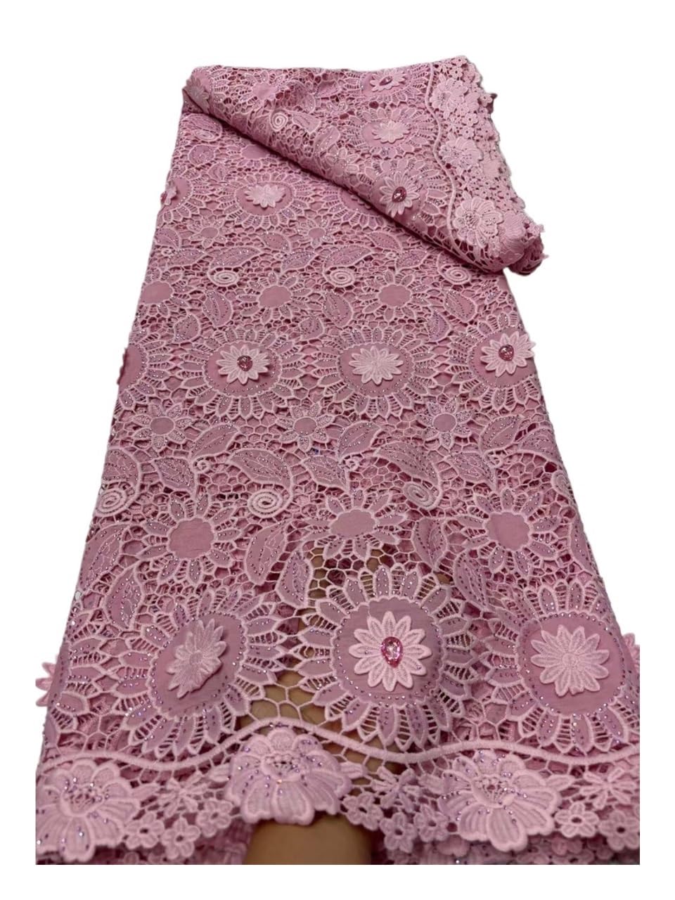 Tela de encaje Guipur Rhinestone bordado malla 47 pulgadas | Tela de cuentas cortada a medida, tela de encaje for vestidos de novia, prendas de vestir y prendas de confección(Pink2)
