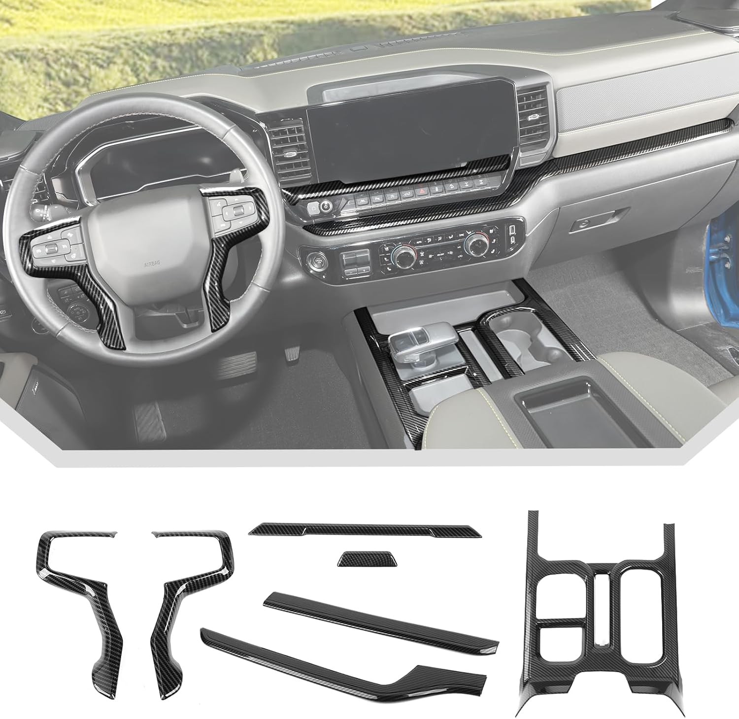 JeCar 7pcs Carbon Fiber Interior Trim Kit for 2022-2025 Chevy Silverado