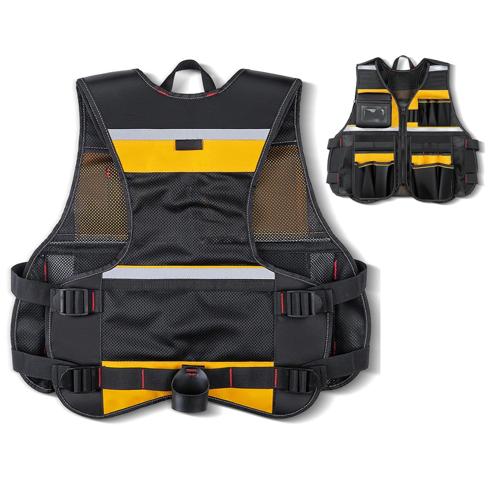 Chaleco de herramientas – Chaleco de construcción ligero | chaqueta ajustable | Ropa de trabajo de seguridad con múltiples bolsillos, equipo de protección con cinturón para constructor