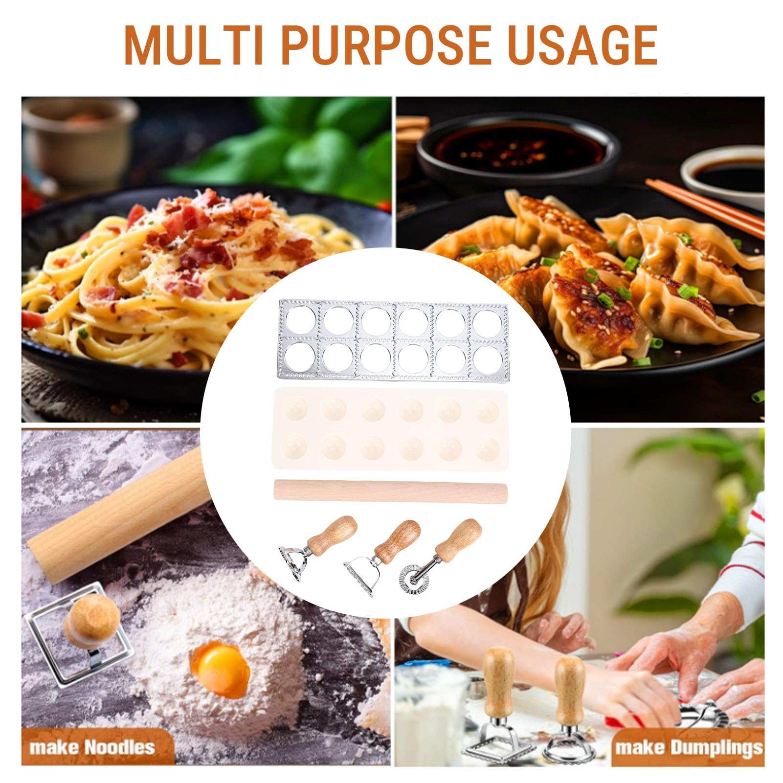 Ravioli-Pressformen-Set, 12 Löcher, Ravioli-Presse, 1 x Nudelschneider, Stempelhersteller, 1 x Nudelholz aus Holz, Nudelherstellungswerkzeuge, 1 x Fülllöffel, für Ravioli, Knödel,