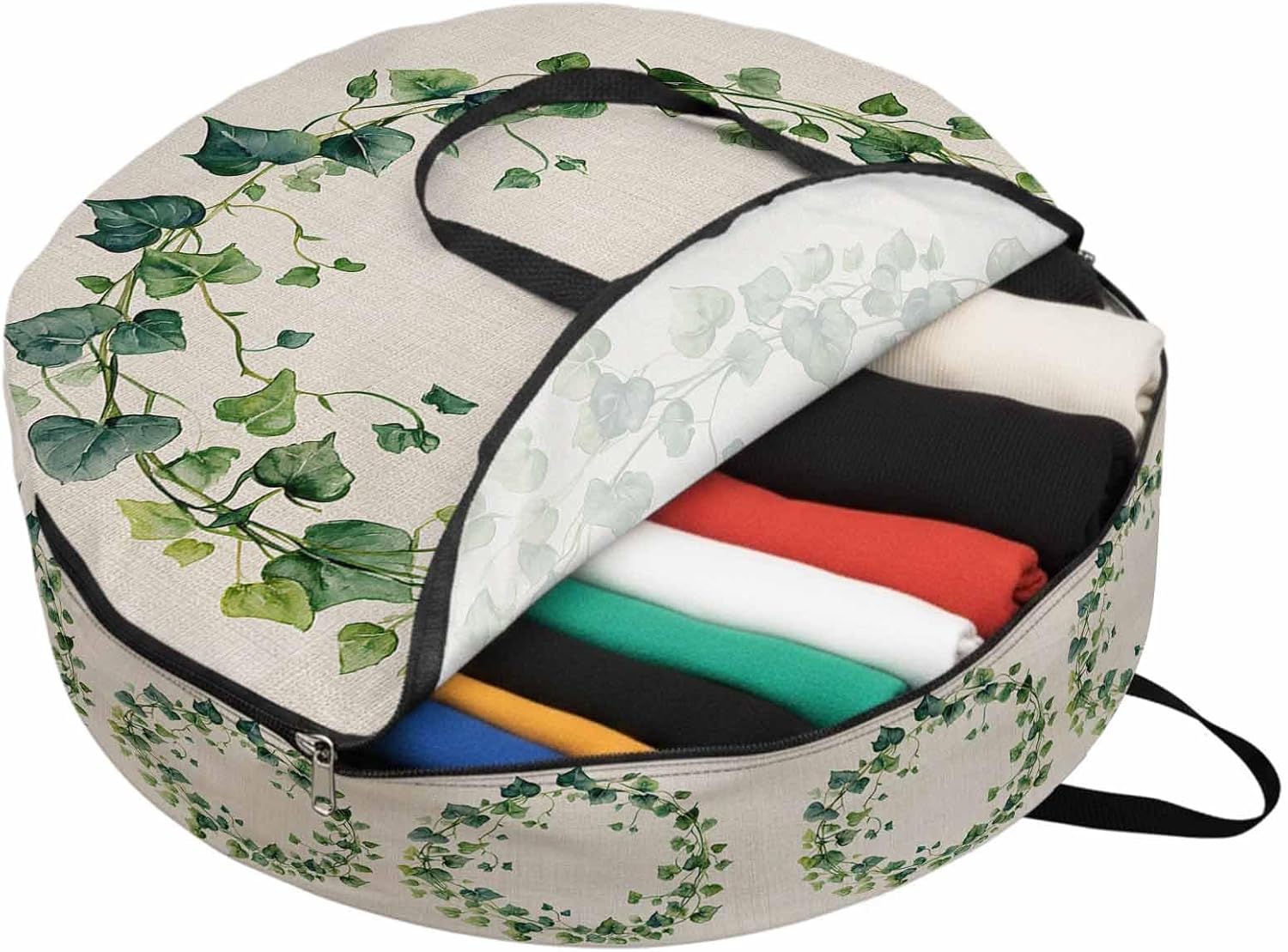 Spring Plant Round Storage Bag 36 Inch, Green Circle Leaf Linen Texture Clothes Storage Container with Handles Heavy Duty Organizer for Comforter, Bedding & Holiday Wreaths