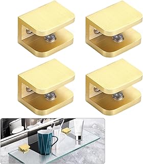 AWEN 4 Pcs Shower Clamp, No Drill Fixed Panel Shower Door Clip Holder Bracket Support U-Clamp (Gold for 1012mm Glass)