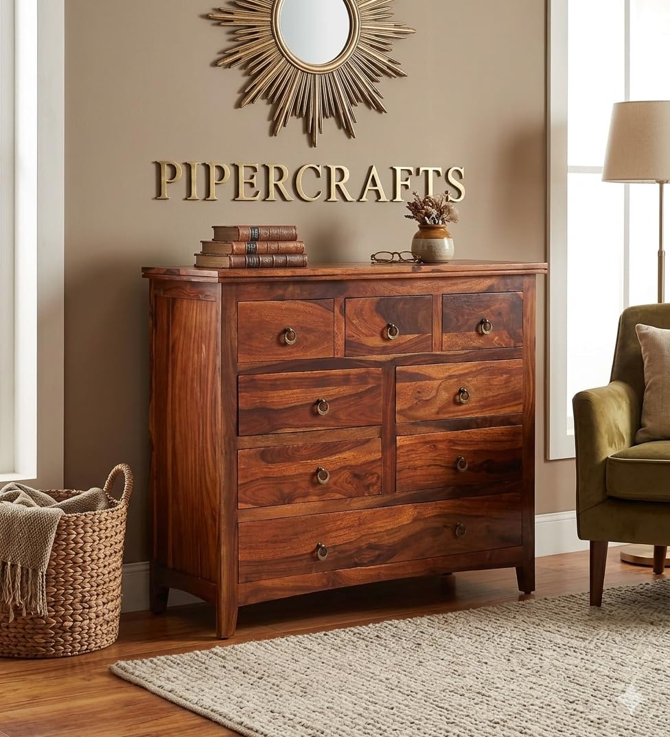 PIPERCRAFTS Chest of Wooden Drawers Sheesam Wood Furniture for Storage and Sideboard Tv Unit Honey Finish (Design 7)-picture-37