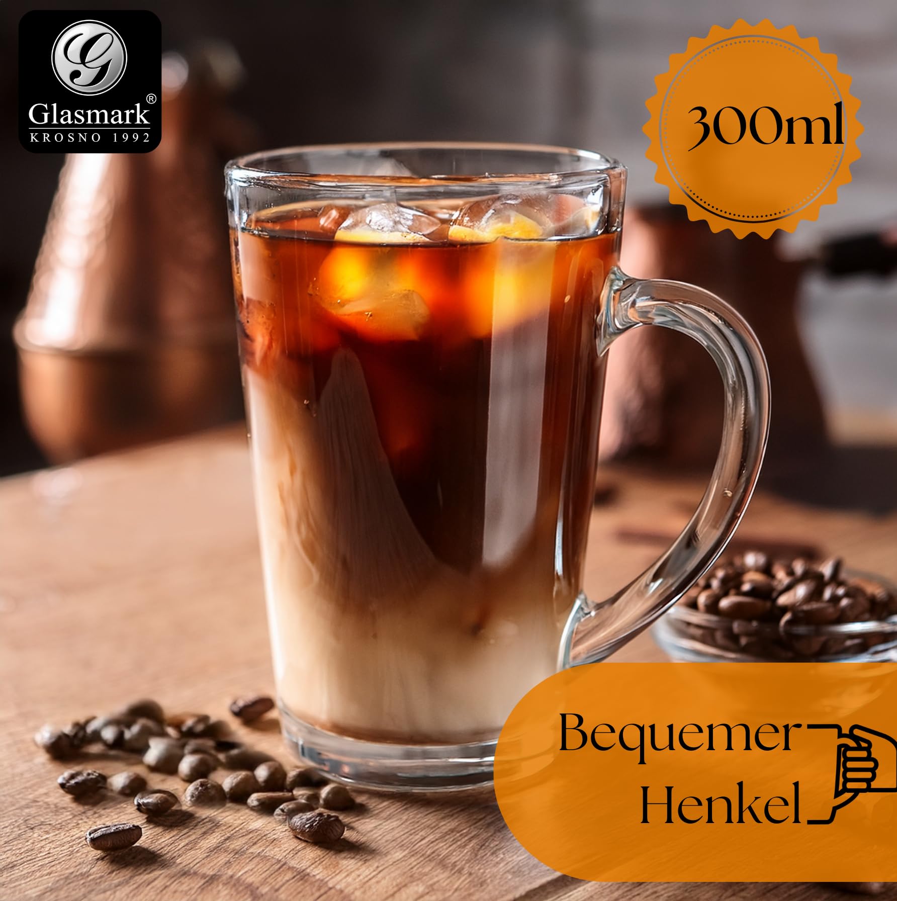 Set van 6 theeglazen, 400 ml, cappuccinoglazen, transparante glühwein bekers met handvat, latte macchiato koffieglazen, vaatwasmachinebestendig