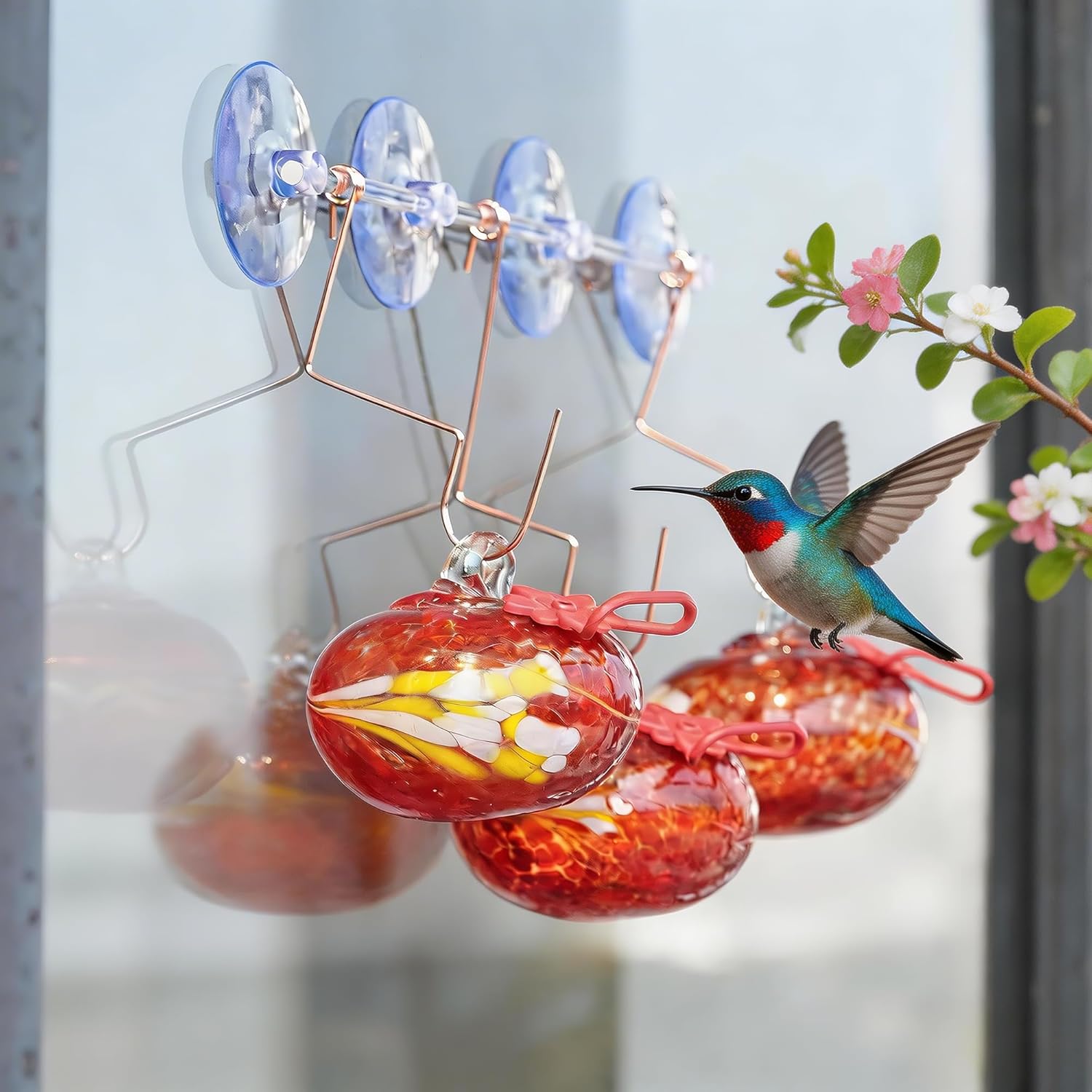 Window Hummingbird Feeder with Suction Cups Hand-Blown Glass Hummingbird Feeders for Outdoors Window Mounted with Metal Hook,Close Bird Watching,Finch in Garden Yard(Red)