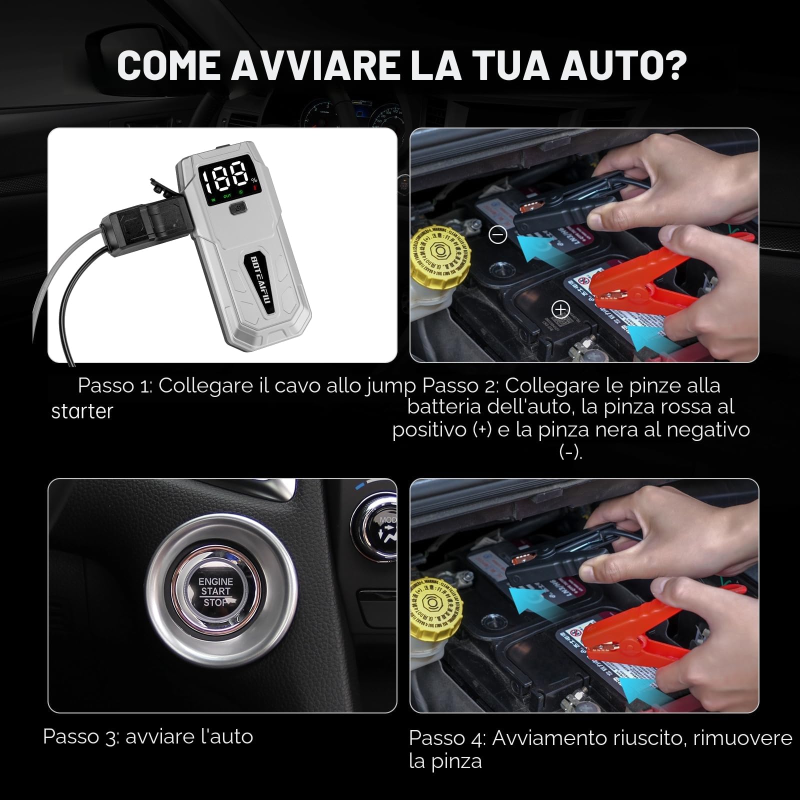 Avviatore di Emergenza 5000A Booster Portatile per Auto Moto con Display LCD Power Bank da 12V per Batteria Scarica Ricarica USB Fino a 9.5L Benzina o 8.0L Diesel