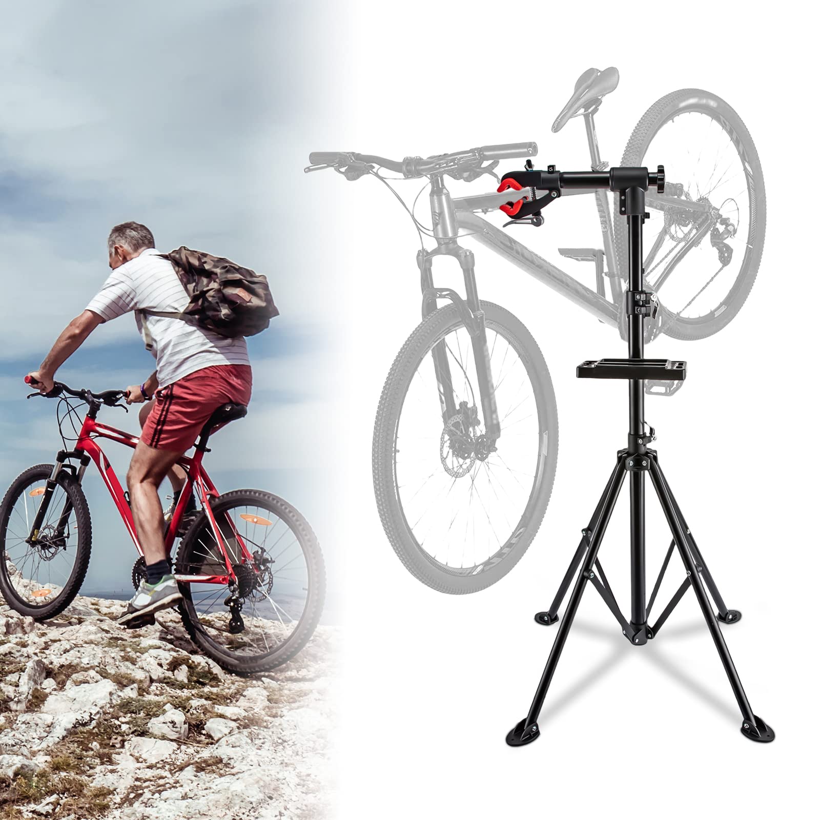 Support de montage pour vélo, pliable, hauteur réglable, structure de support triangulaire avec plateau à outils et barre d'équilibre, rouge