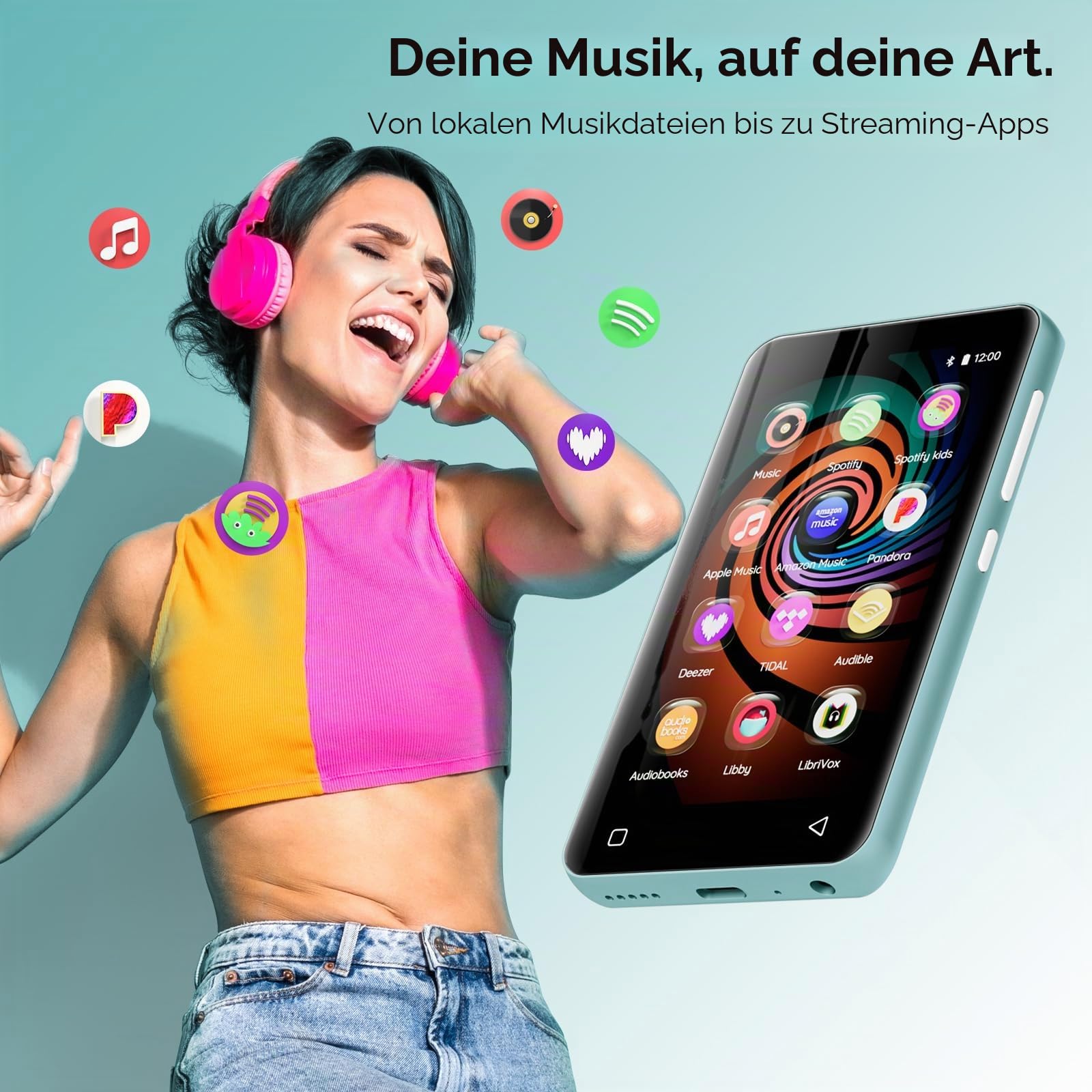 160GB MP3 Player mit Bluetooth und WiFi, innioasis Musik Player mit Spotify, Amazon Music, 4" Touchscreen Android MP4 MP3 Player für Kinder, Audible, Spotify Kinder Hellblau-Weiß