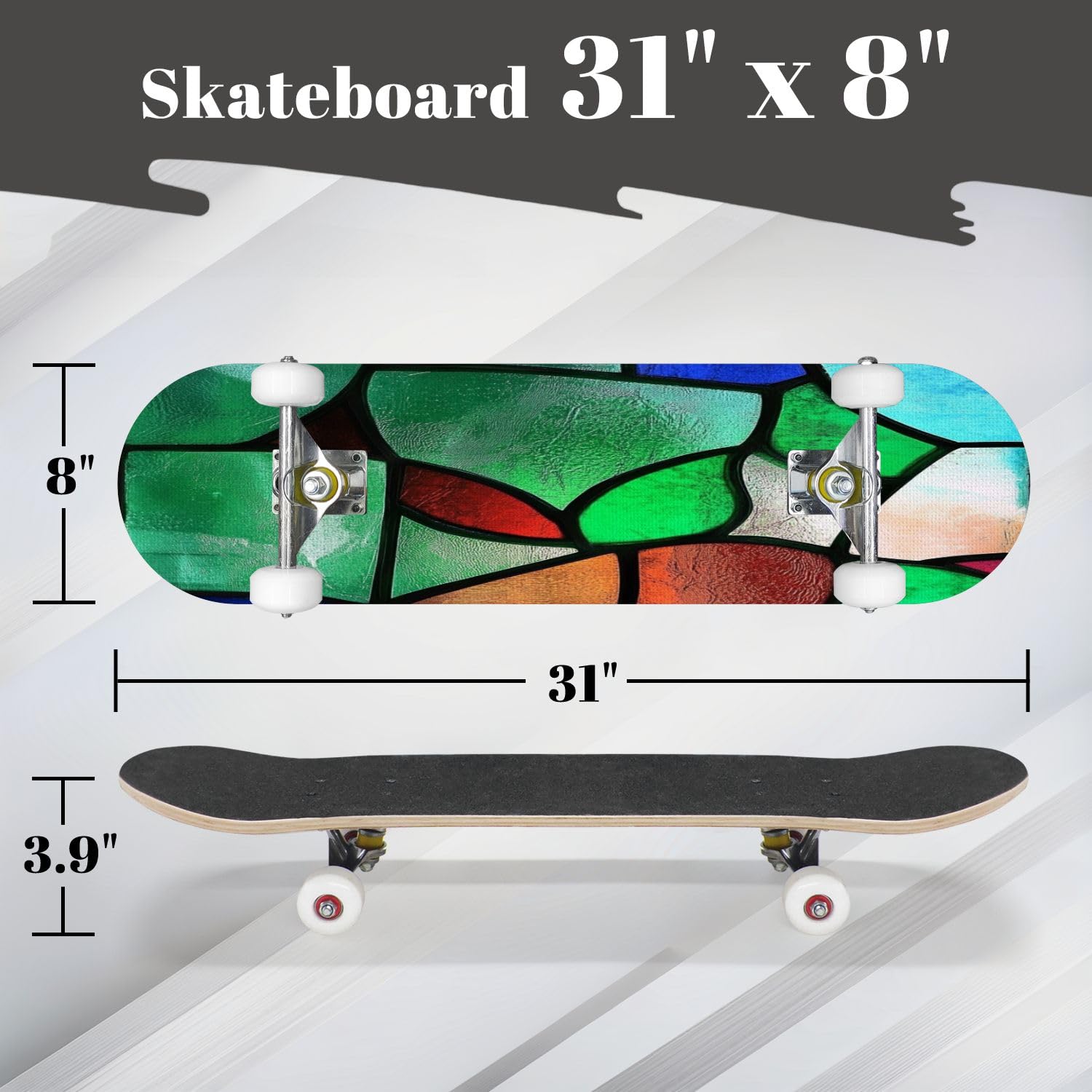 Complete Skateboard with Multicolored Glass Stained Glass Abstract Glass Beginner Skateboard 7-Layer Maple Wood Double Kick Concave Skateboards for Kids, Adults, Teens 31
