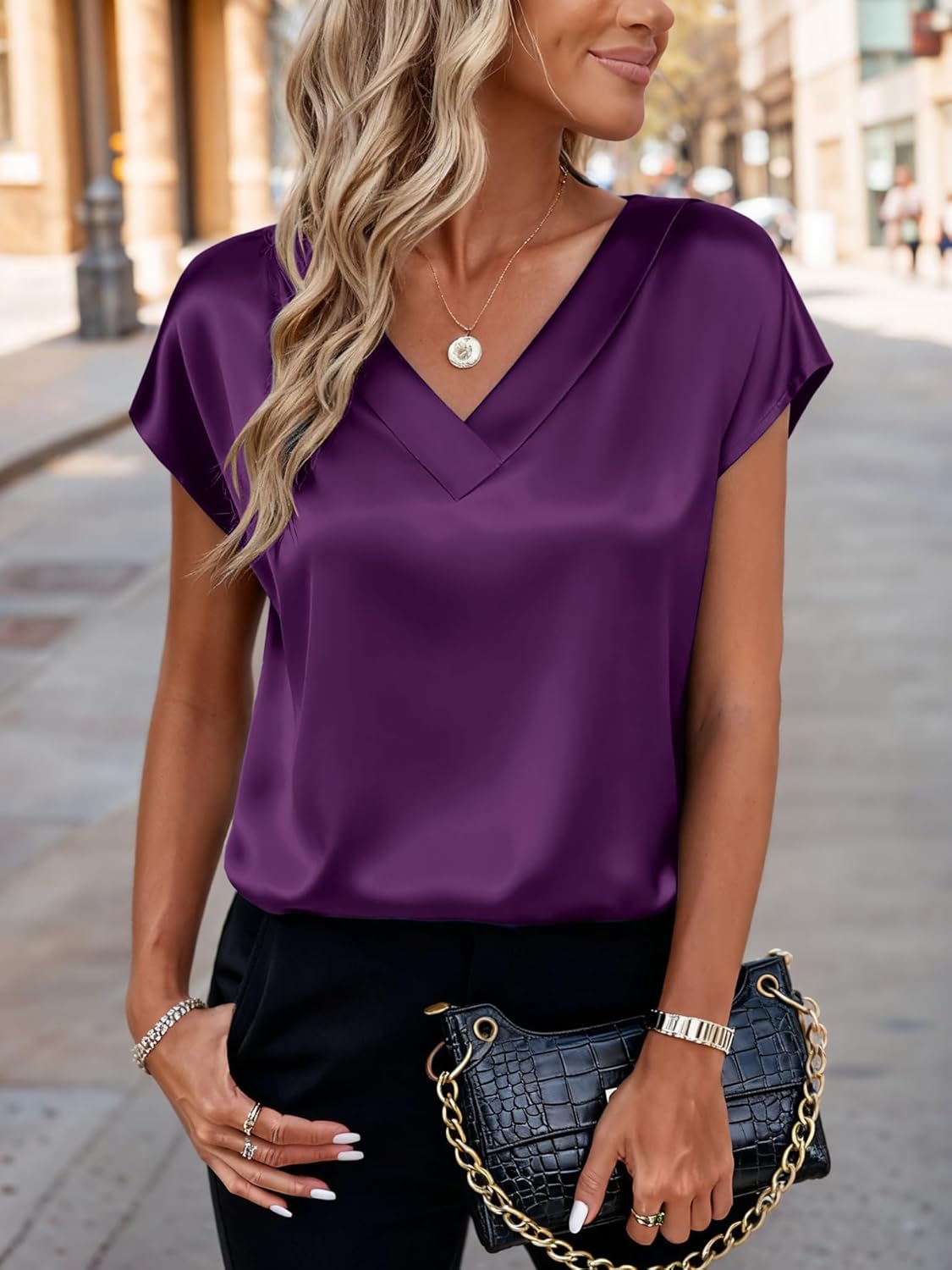 Zeagoo Women Silk Satin Tops Cap Short Sleeve Blouse V Neck Shirts Business Casual Outfits S-2XL - Image 2