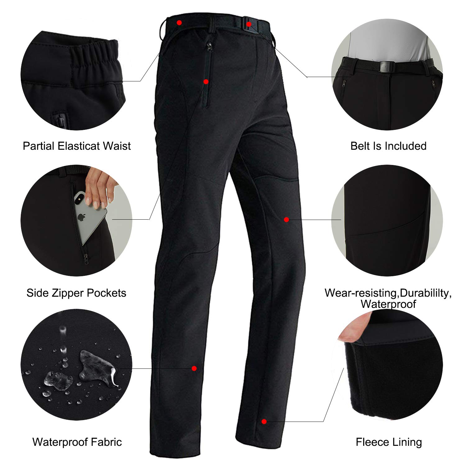 Mens Softshell Trousers Waterproof Golf Trousers Snow Ski Fleece Lined Outdoor Walking Hiking Pants Winter Overtrousers