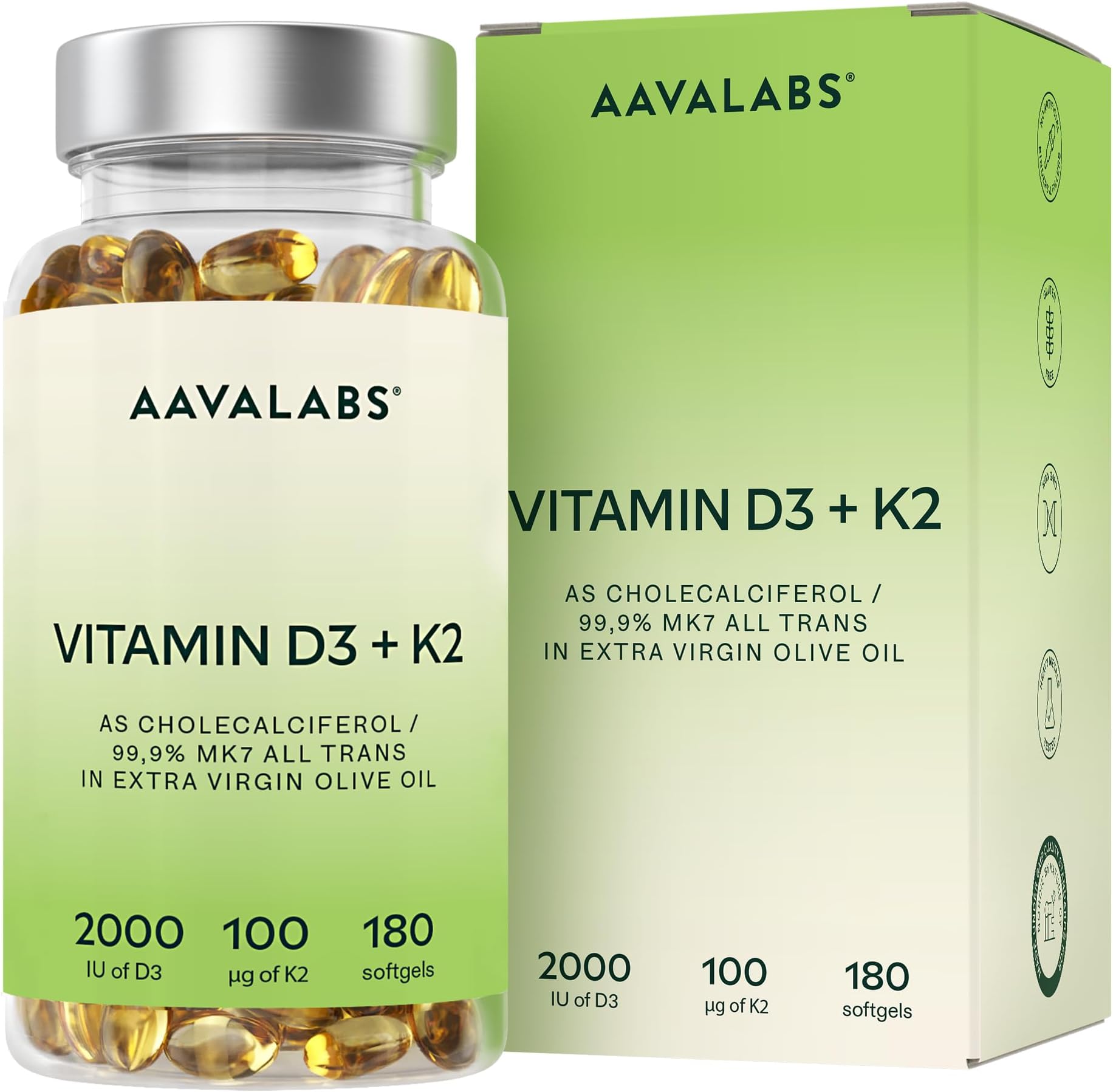 Vitamin D3 K2 MK7 (99.9% All-Trans) with Extra Virgin Olive Oil - 180 Softgels D3 and K2 Vitamin Supplements