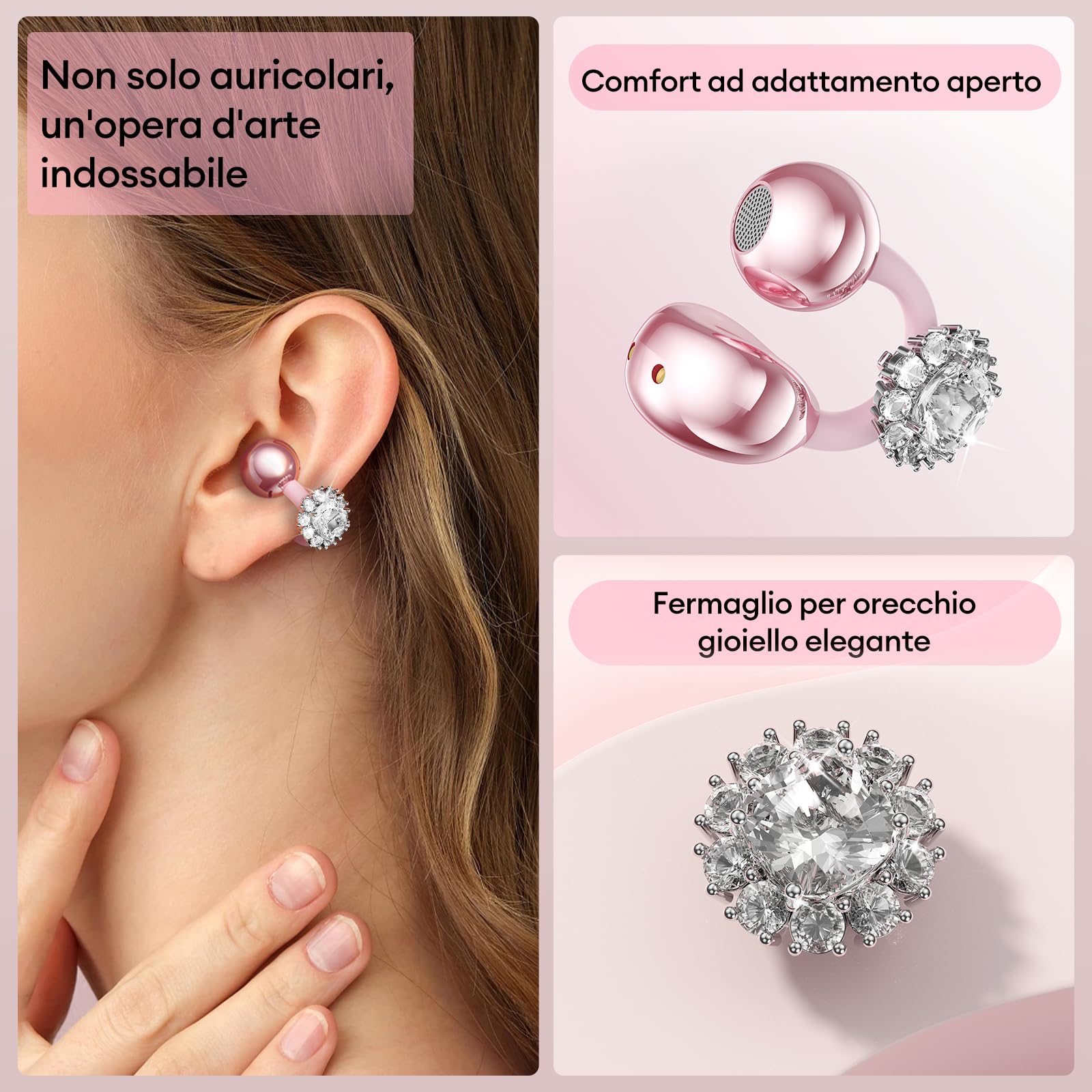 ZOMBIES CAT Cuffie Open Ear Clip-on con Schermo Touch & Orecchini Diamanti Rimovibile – Auricolari Bluetooth 5.4, Audio HiFi, Auricolari Open Ear Design Elegante per Sport e Tempo Libero, M100 Rosa