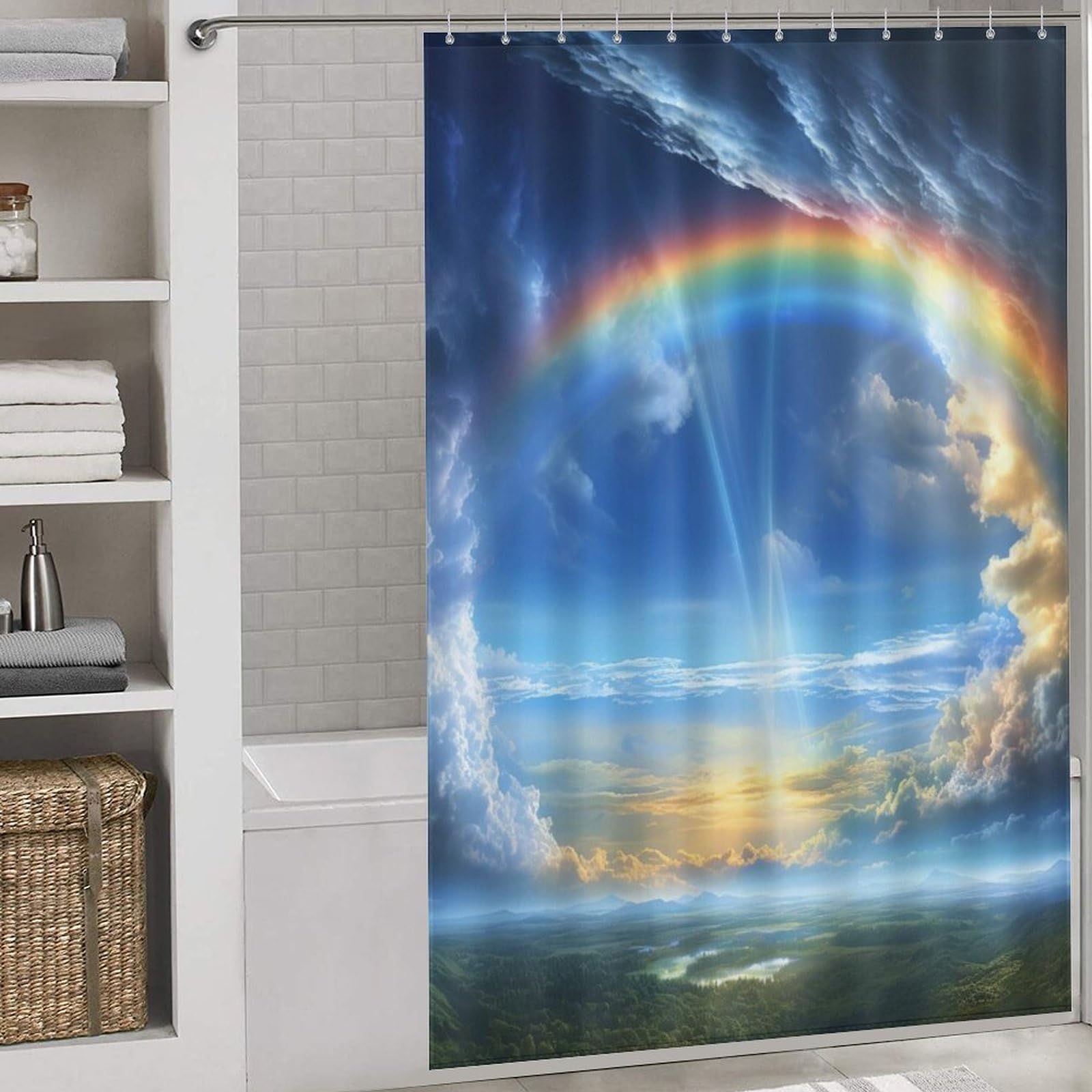 Rideau de douche paysage 152x183 lavable complet avec ses 12 crochets