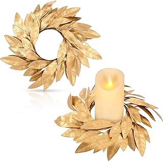 Domensi 2 Pcs Christmas Artificial Gold Bay Leaf Candle Rings Gold Bayleaf Candleholders Wreath for Pillar Candles 3.9 Inch Candles Holder for Christmas Rustic Table Centerpiece Decor