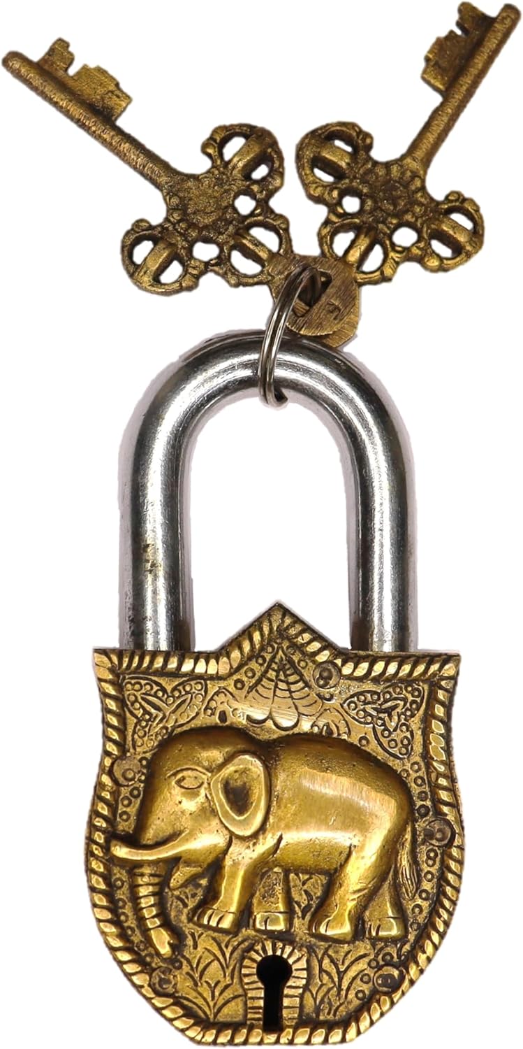Elephant Engraved Door Lock Antique Style Handmade Brass Padlock with 2 Working Keys