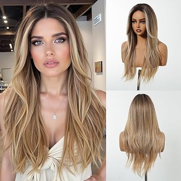 testar Long Straight Ombre Blonde Wigs for White Women Dark Brown to Blonde Highlights Silky Hair Synthetic Middle Part Wigs for Daily Use Lace Closure Natural Hairline 26 IN