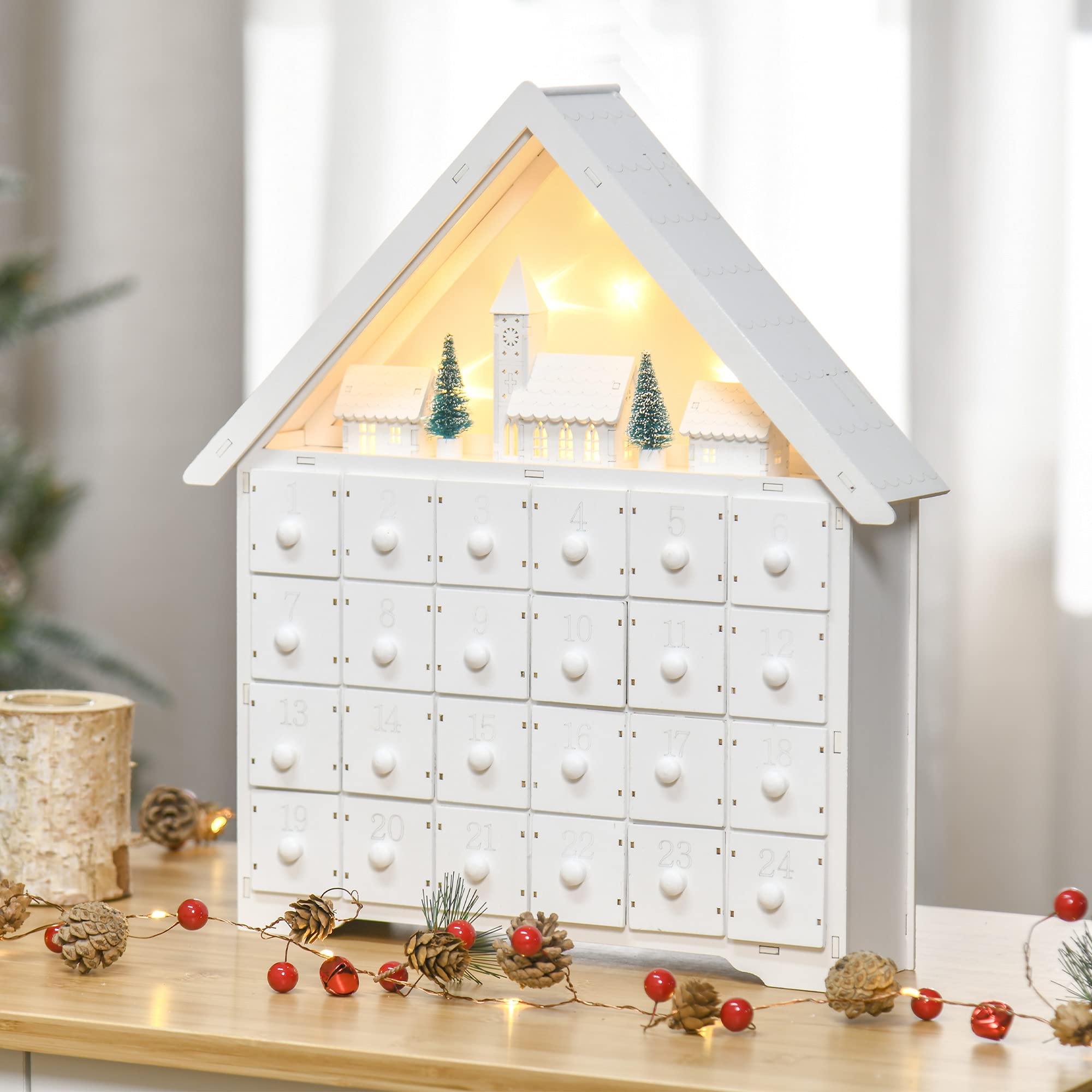 HOMCOM Calendario de Adviento Navidad 24 Cajones Luces LED Decoración Navideña Casita 39x9x42 cm Blanco