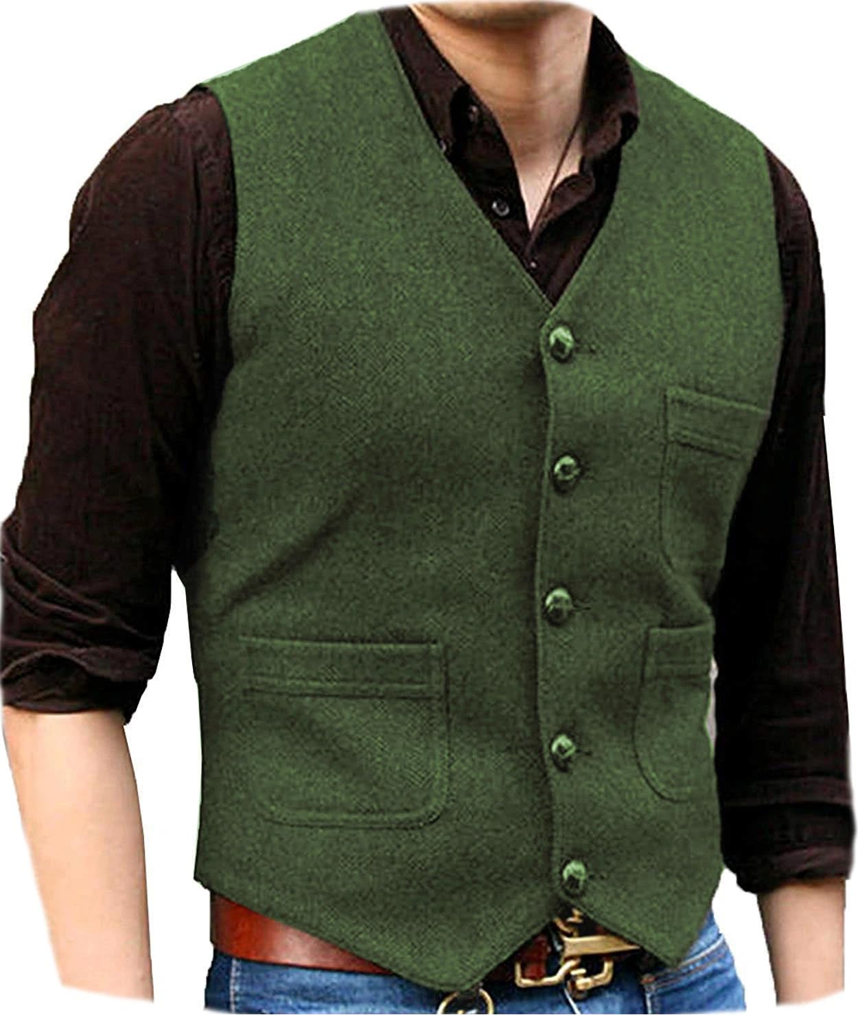 Generico Gilet Da Uomo A Spina Di Pesce Con 5 Bottoni, Scollo A V, In Tweed, Con Tasche, Giacca Casual Vintage Senza Maniche Per Matrimoni, Feste E Oktoberfest.