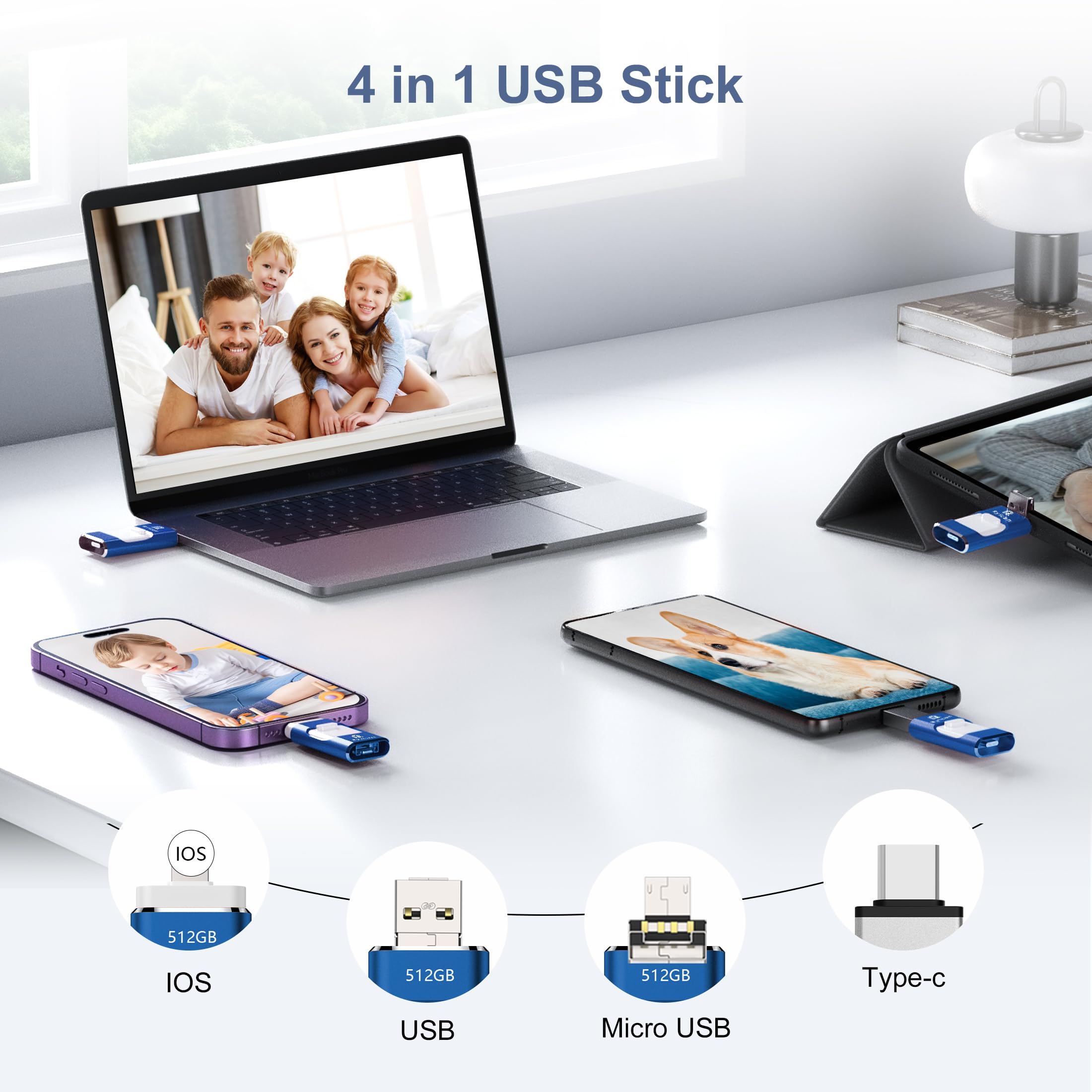 Chiavetta USB per Phone Ryican 512GB USB 3.0 Pendrive Dati Protetti da Password Photostick 4 in 1 Pennetta Memoria USB con Type C-Phone/OTG Android/PC/Laptop Backup Rapido con un Solo Clic(Blu)