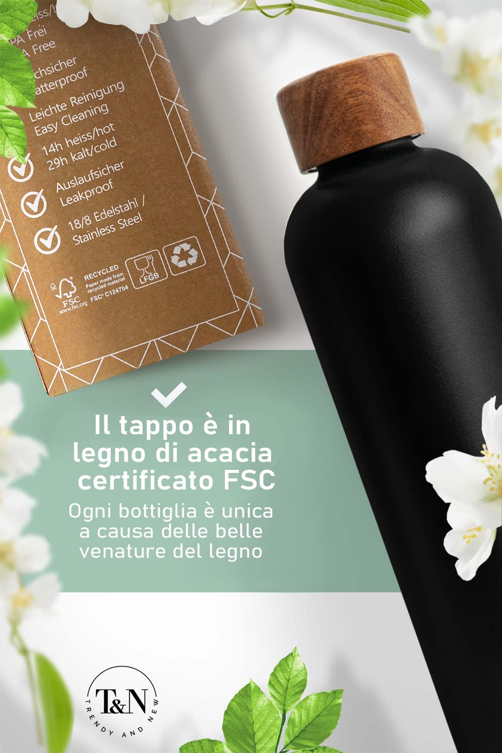 T&N Borraccia in acciaio inox, 1 l, thermos da 1 l, con coperchio in legno di acacia, isolata, a prova di perdite in caso di anidride carbonica, thermos da 1000 ml, colore: antracite