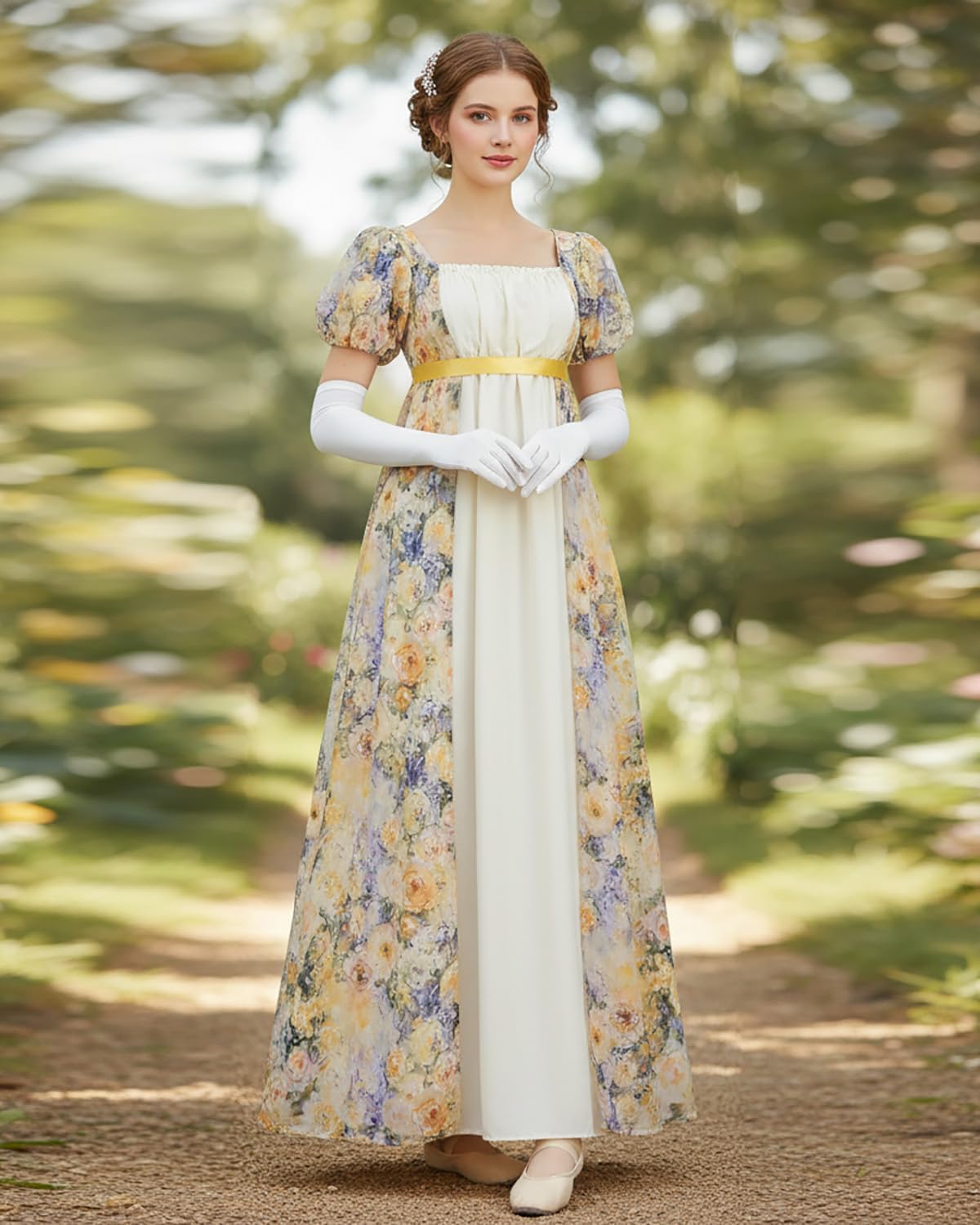 LTAKK Regency Dress Women Regency Costume Empire Waist Tea Party Victorian Gown with Gloves, Sash and Corsage