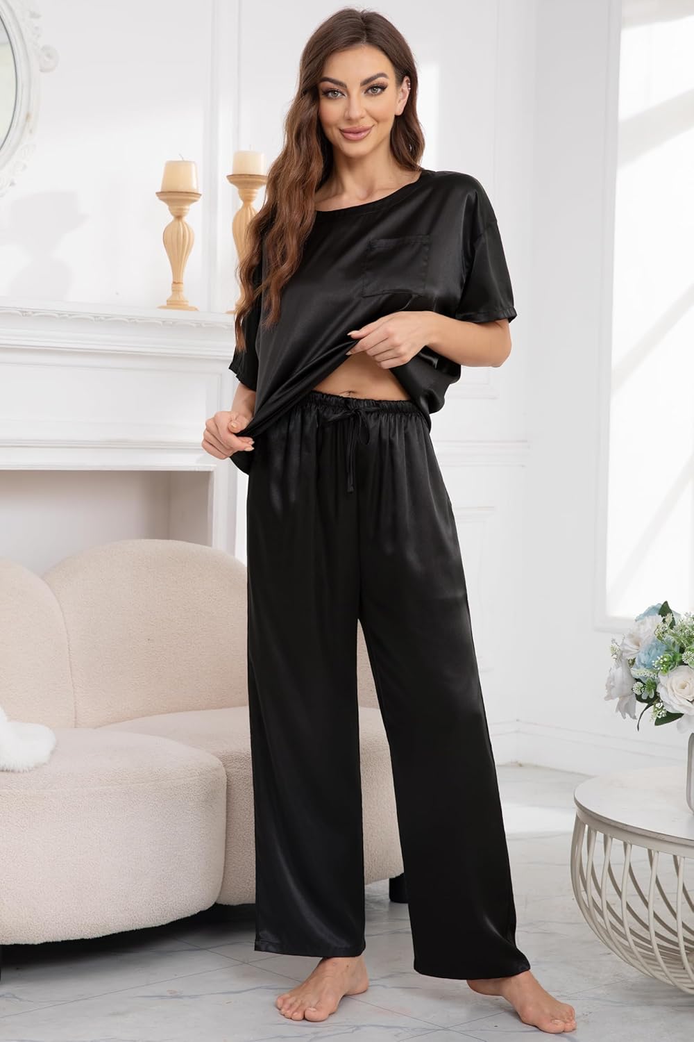 Nanxson Womens Satin Pajama Nightwear 2 Piece Loungewear with Pockets Soft Sleepwear Silky Short Sleeve Shirt with Long Pant - Image 3