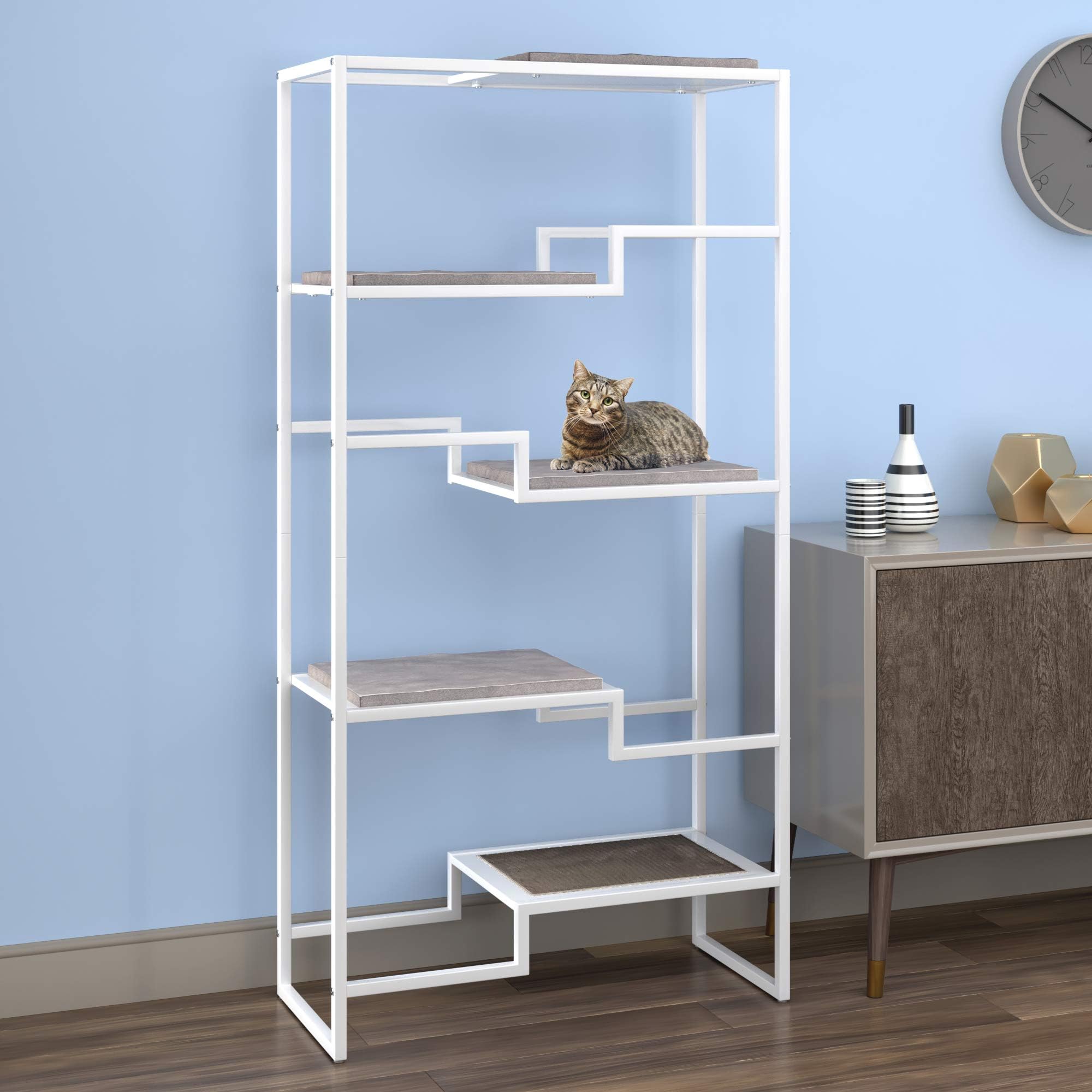 THE REFINED FELINE 62 Inch Tall Metropolitan Cat Condo, White Metal Frame Cat Tower, Multi-Level Modern Cat Tree for Indoor Cats, White Platforms with Gray Replaceable Cushions & Scratching Post