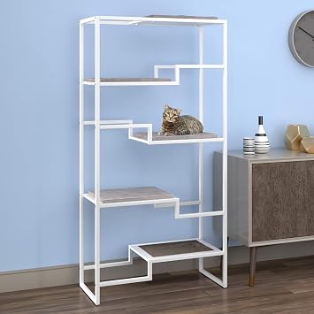 The Refined Feline 62 Inch Tall Metropolitan Cat Condo, White Metal Frame Cat Tower, Multi-Level Modern Cat Tree for Indoor Cats, White Platforms with Gray Replaceable Cushions & Scratching Post