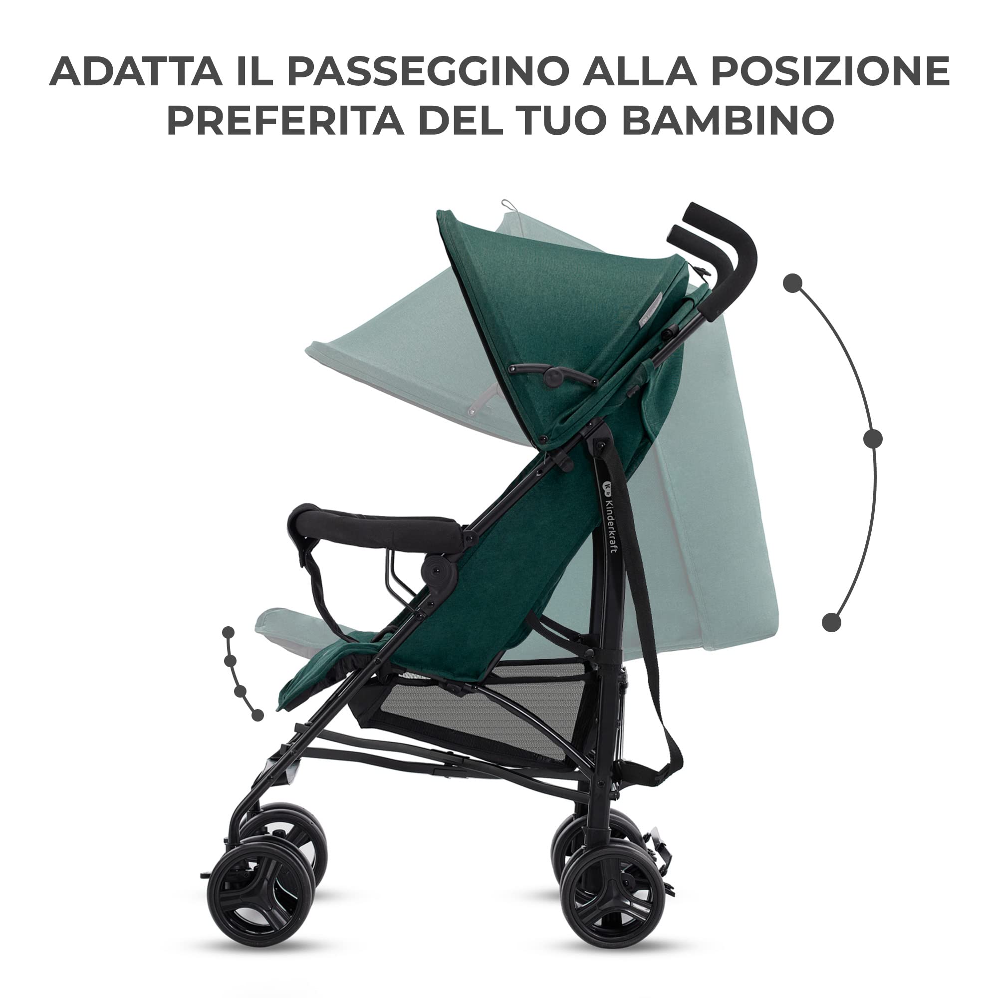 Kinderkraft TIK Passeggino Leggero, Solo 6,5 Kg, Passeggino a ombrello Passeggino Da Viaggio, Facile Da Piegare, Schienale Regolabile In Posizione Sdraiata, Copertura Antipioggia, Verde