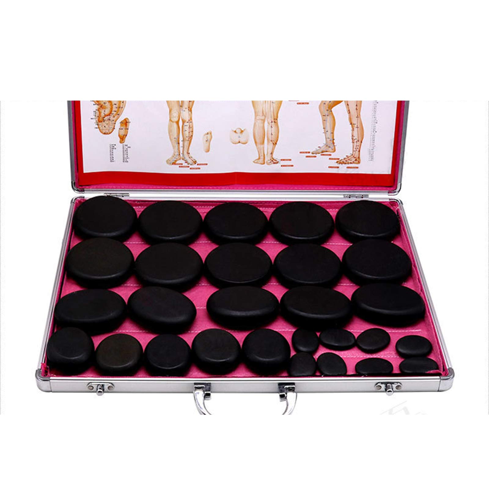 Kit de calentador de masaje de piedras calientes, kit de piedras volcánicas de diferentes tamaños con caja de calefacción (60-70 °C), piedras de masaje para el hogar, spa, terapia de