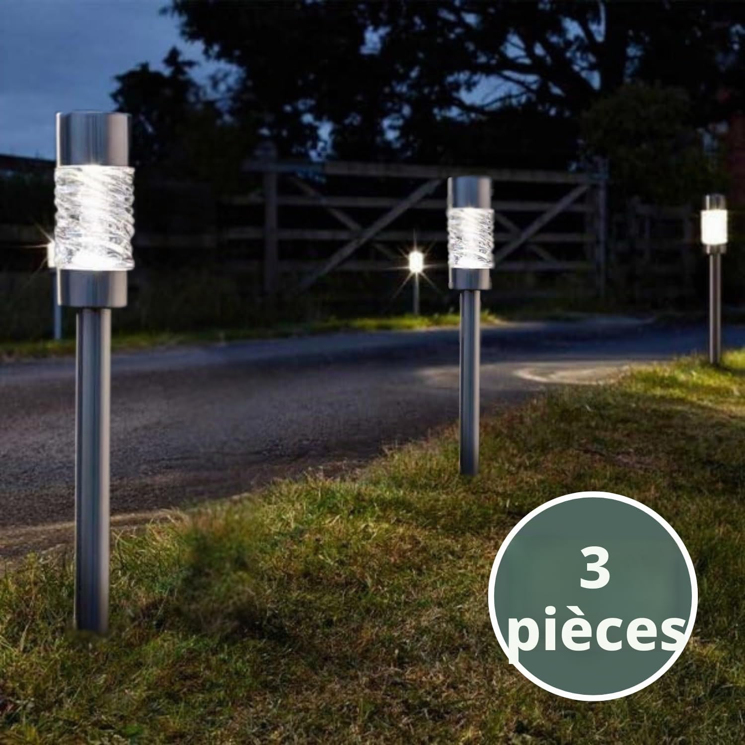 Garden Mile 3 pièces Lampes solaires extérieures pour jardin - Lampes solaires sur piquet en acier inoxydable - Lampes de jardin LED solaires alimentées par énergie solaire, étanches, allumage