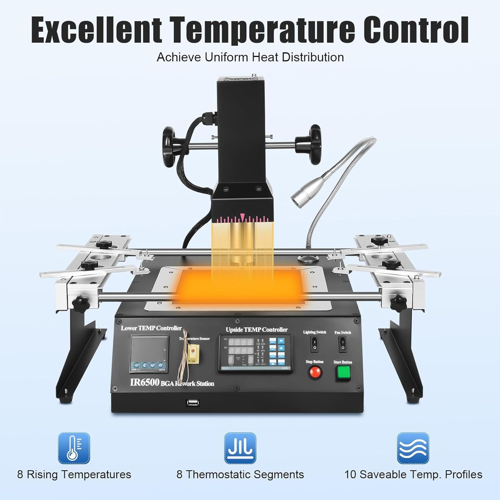 Estación de retrabajo BGA con potencia de 1250 W, control de temperatura de 8 engranajes y pantalla LED para soldar, reballing y reparación de dispositivos electrónicos empaquetados