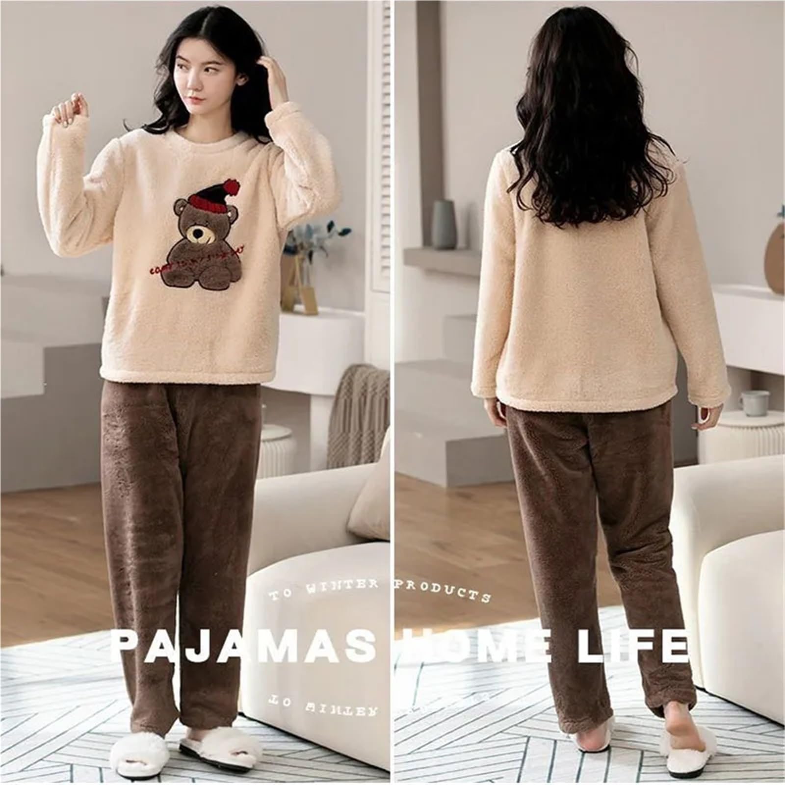 2pcs/Set Large Size Padded Thickened Warm Fall and Winter Women's Pajamas – Long-Sleeved, Long Pants Set, Coral Velvet(XL(60-70kg))