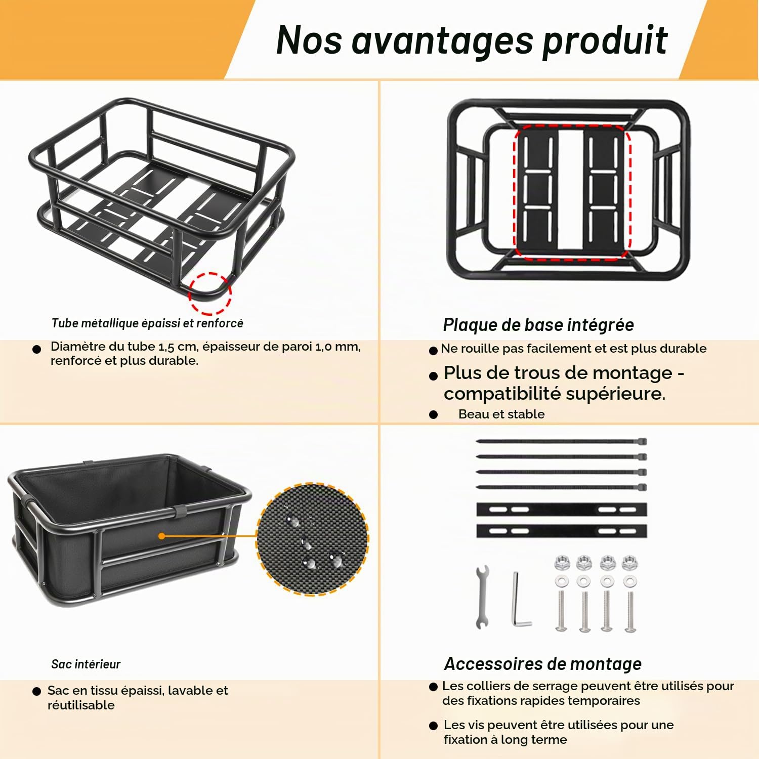 Panier de vélo arrière, grand panier de vélo Pro en métal à l'arrière, panier de vélo robuste porte-bagages arrière pour la plupart des vélos et vélos électriques pour les randonnées à vélo