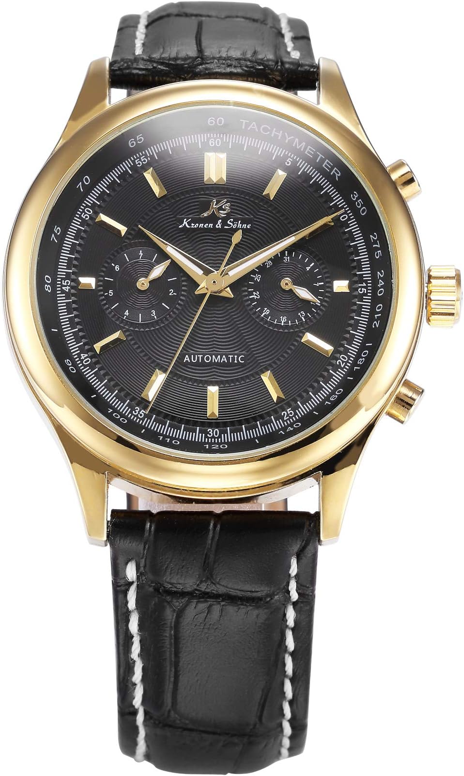 KS Aviator Golden Automatic Mechanical Black Leather Men's Watch KS021