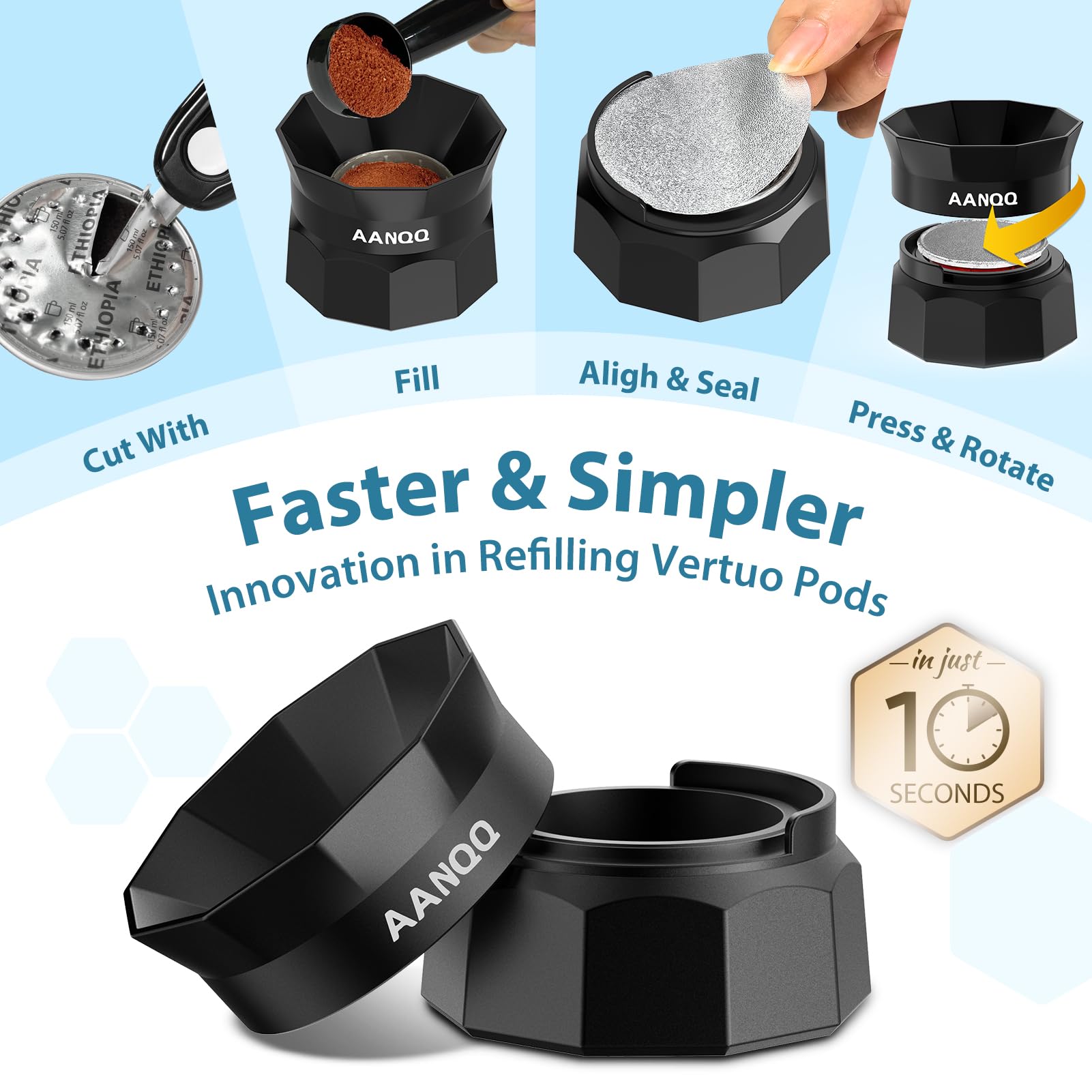 Reusable Vertuo Pods Kit: 10-Second Fast Sealing Reusable Nespresso Vertuo Pods - Refillable Coffee Pods with Smarter Tools & 50 Aluminum Foil Seals,Spoon, and Lid Opener (Pods not included)