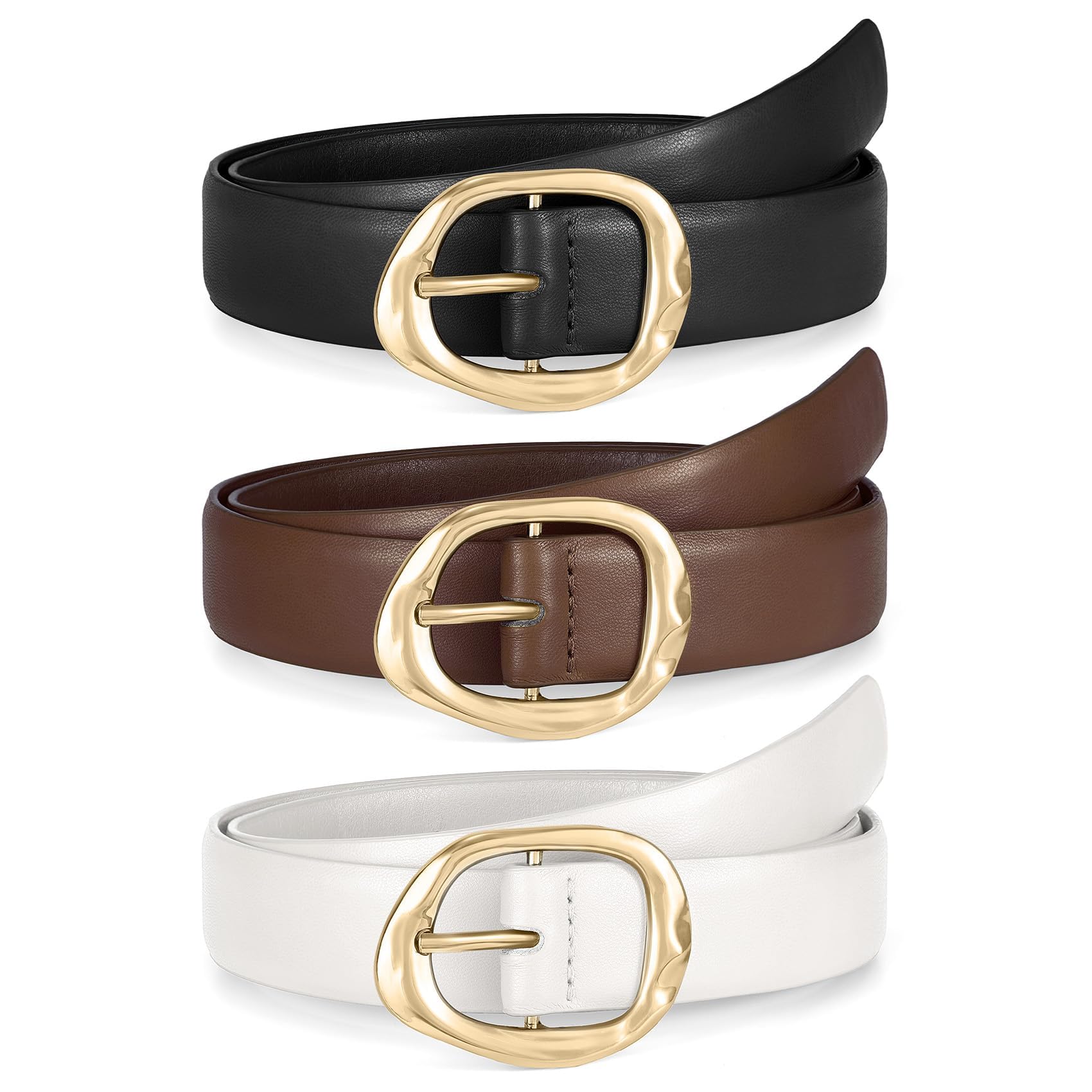 3 Pack Women Belts for Jeans Pants Dresses Ladies Leather Belt Fashion Waist Belt with Liquid Shapes Gold