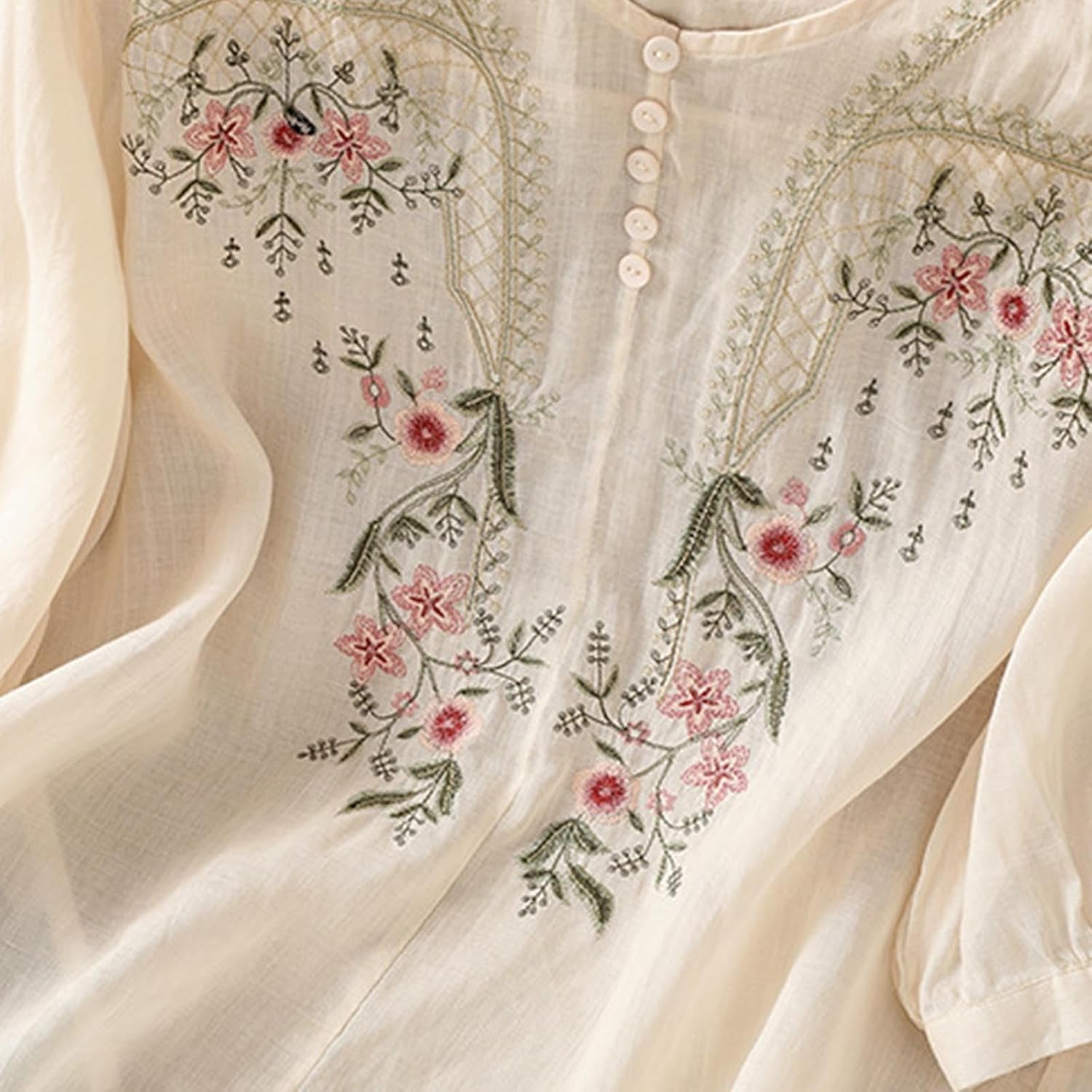 Cotton Linen Blouses for Women Embroidered Boho Tops Casual Spring Summer 3/4 Length Sleeve Peasant Blouse Korean Clothes - Image 6