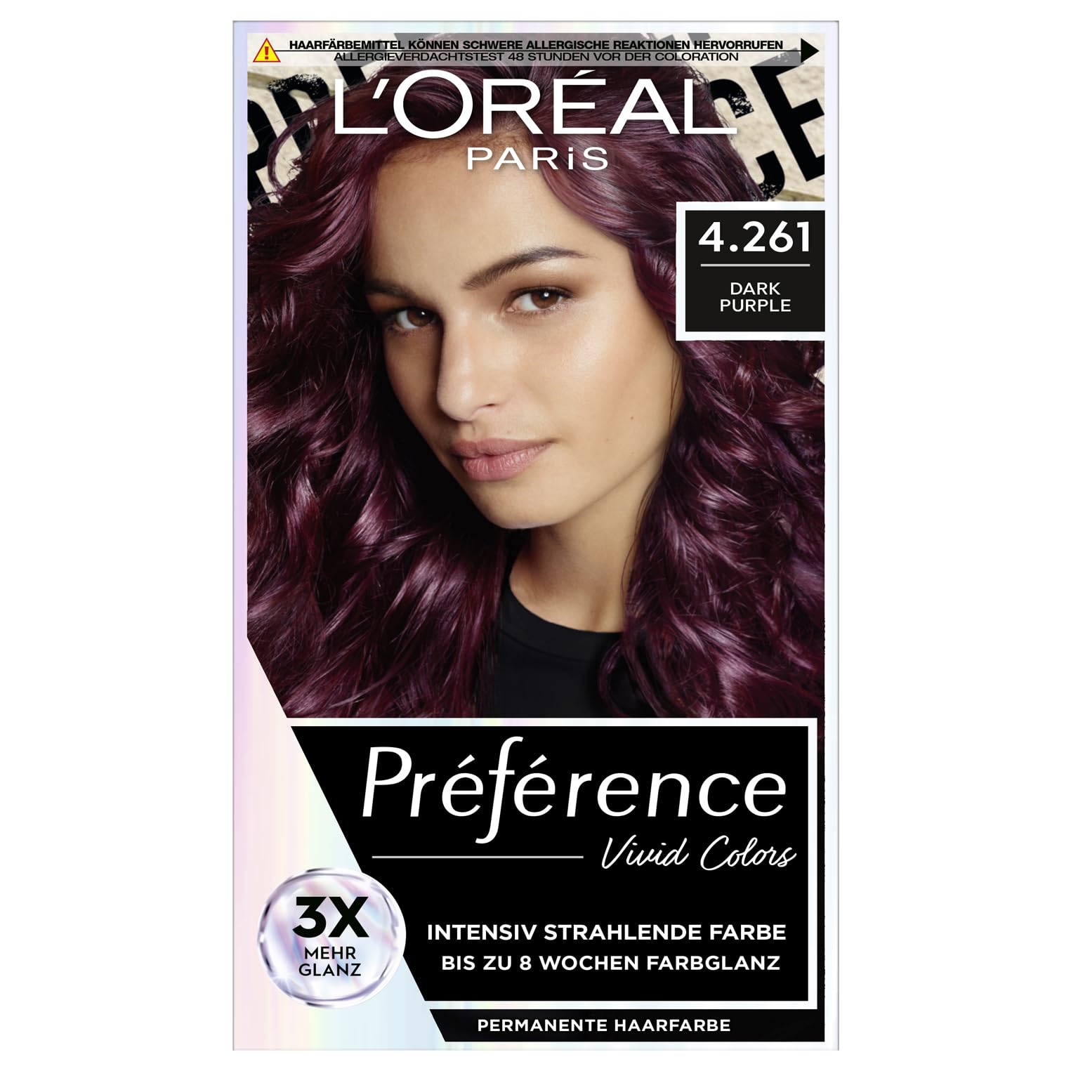 L'Oréal Paris Intensive dauerhafte Haarfarbe, Bis zu 8 Wochen glänzendes Haar und intensive Farbe, Préférence Vivid Colors, Farbe: 4.261 DARK PURPLE, 1 Stück