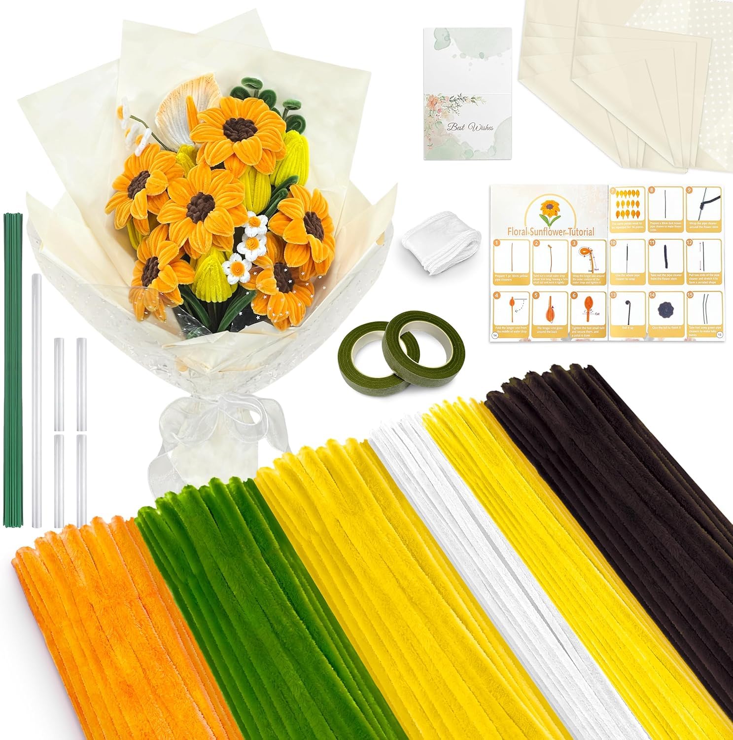 500 PCS Orange Pipe Cleaners Craft Kit, 6 Colours 12inch x 6mm Chenille Stems for Flower Making, pipe cleaner flower kit with Floral Stems, Wrapping Paper, Stamens & Step-by-Step Instructions — image 1