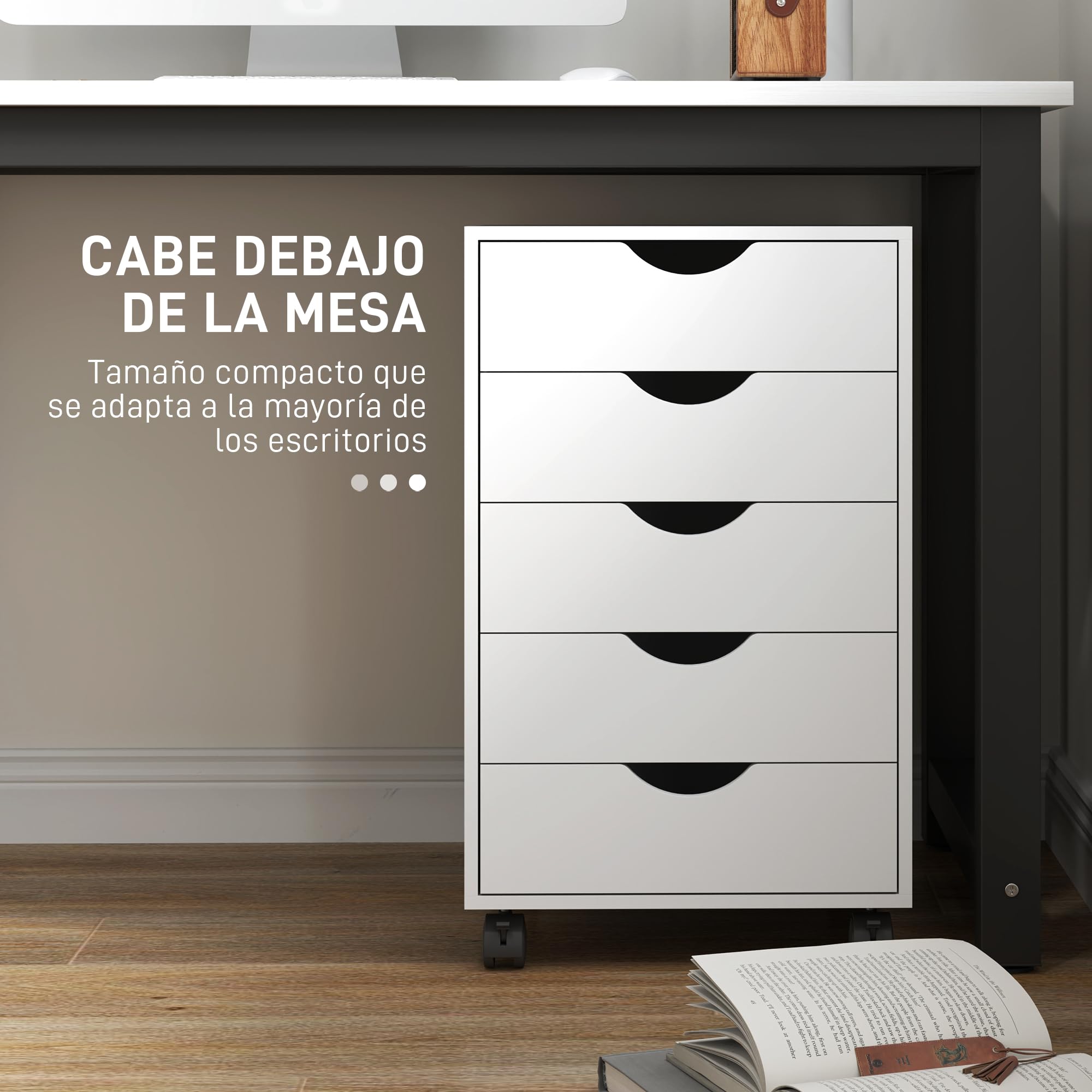 HOMCOM Cajonera Escritorio con Ruedas, Cajonera Oficina con 5 Cajones, Archivador Móvil, para Estudio, Salón, 40x40x67 cm, Blanco