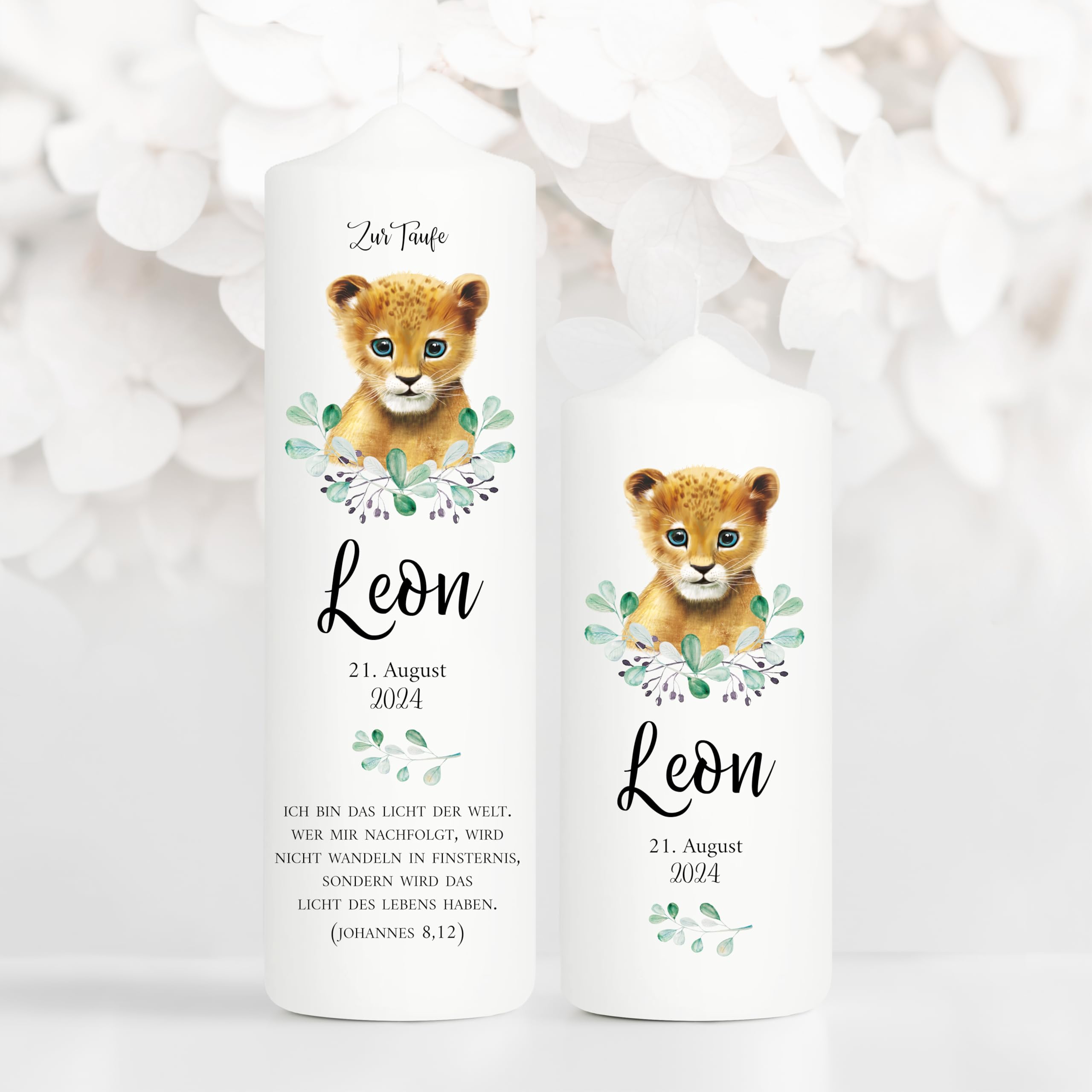 Bougie Baptême personnalisée Fille Garçon motif Lion – Cierge Baptême avec prénom, date et message – 1 cierge + 1 bougie parrain/marraine – Cadeau parrain marraine – 25 x 7 cm