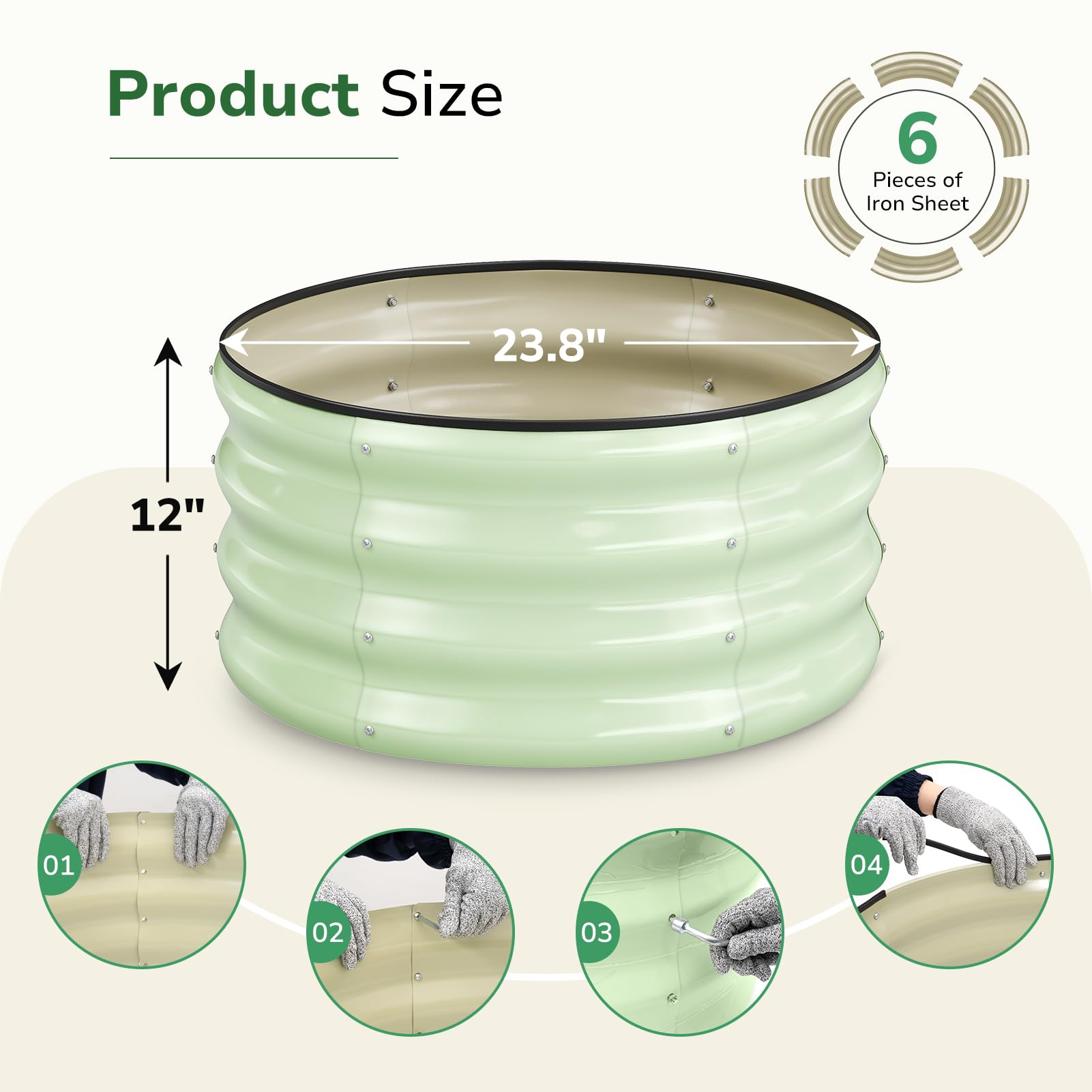 GreatBuddy Cama de jardín elevada galvanizada redonda de 2 x 2 x 1 pies, cama elevada de fácil montaje con guantes y herramientas anticorte, cama de jardín inoxidable para exteriores, verduras