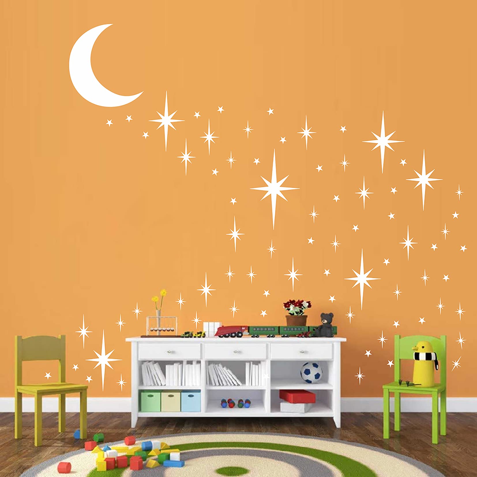 Calcomanía de pared con estrellas y luna para pared, vinilo blanco en estrellas, pegatinas de pared removibles para niños y niñas dormitorio