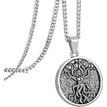 murtoo Tree of Life Necklace for Men, Silver Carved Tree of Life Pendant with Curb Chain for Men, Silver Mens Jewelry Gift 24 Inch